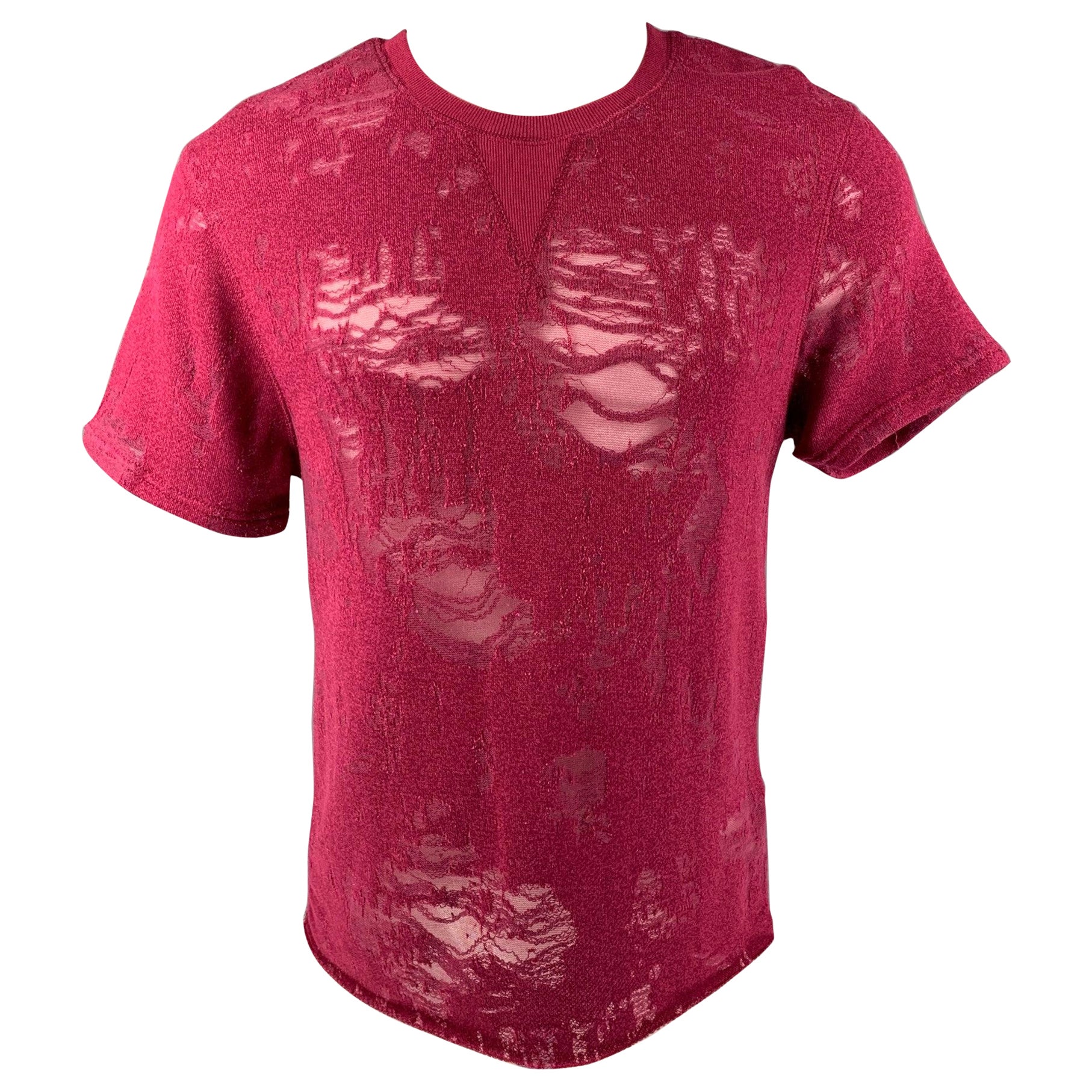 IRO Gaetane Size XS Burgundy Distressed Cotton Blend Crew-Neck T-shirt For Sale