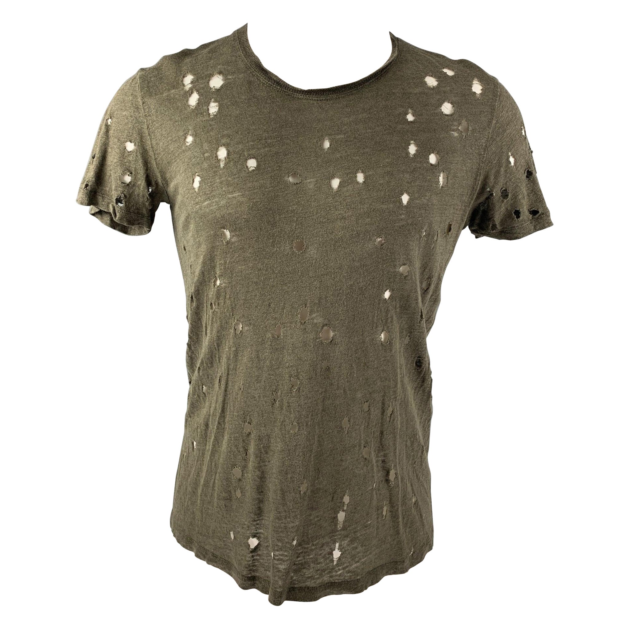 IRO Size XS Olive Distressed Linen Crew-Neck T-shirt