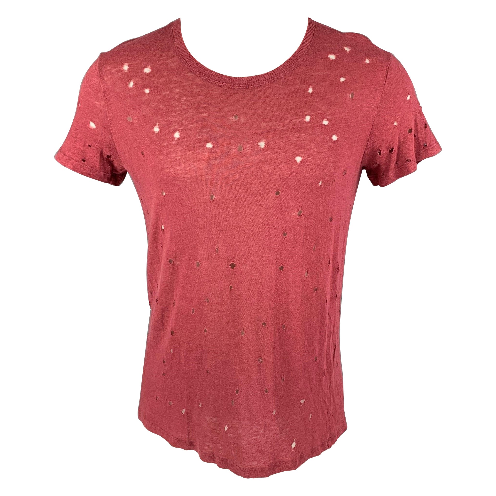 IRO Size S Burgundy Distressed Linen Crew-Neck Clay T-shirt For Sale