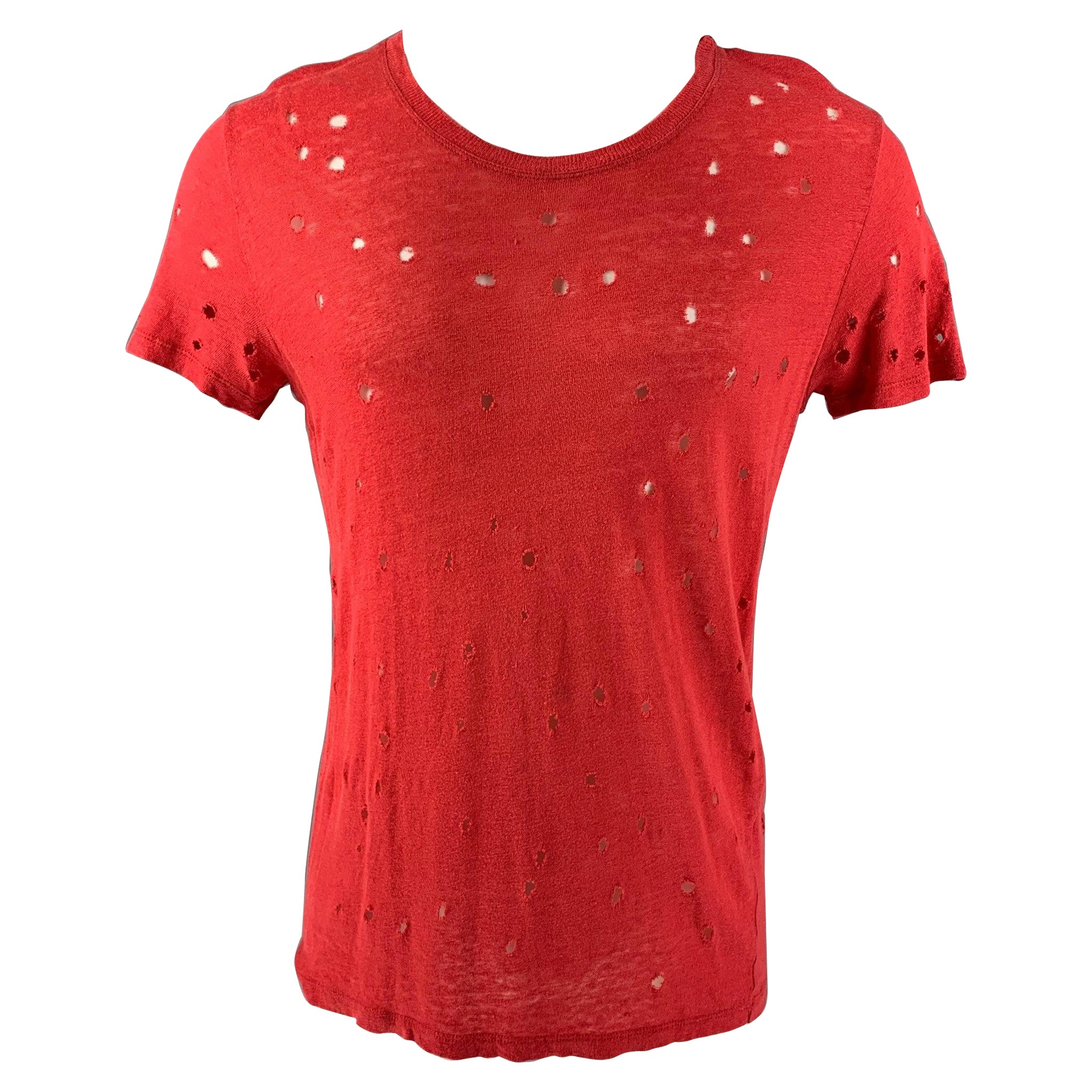 IRO Size S Red Distressed Linen Crew-Neck T-shirt For Sale