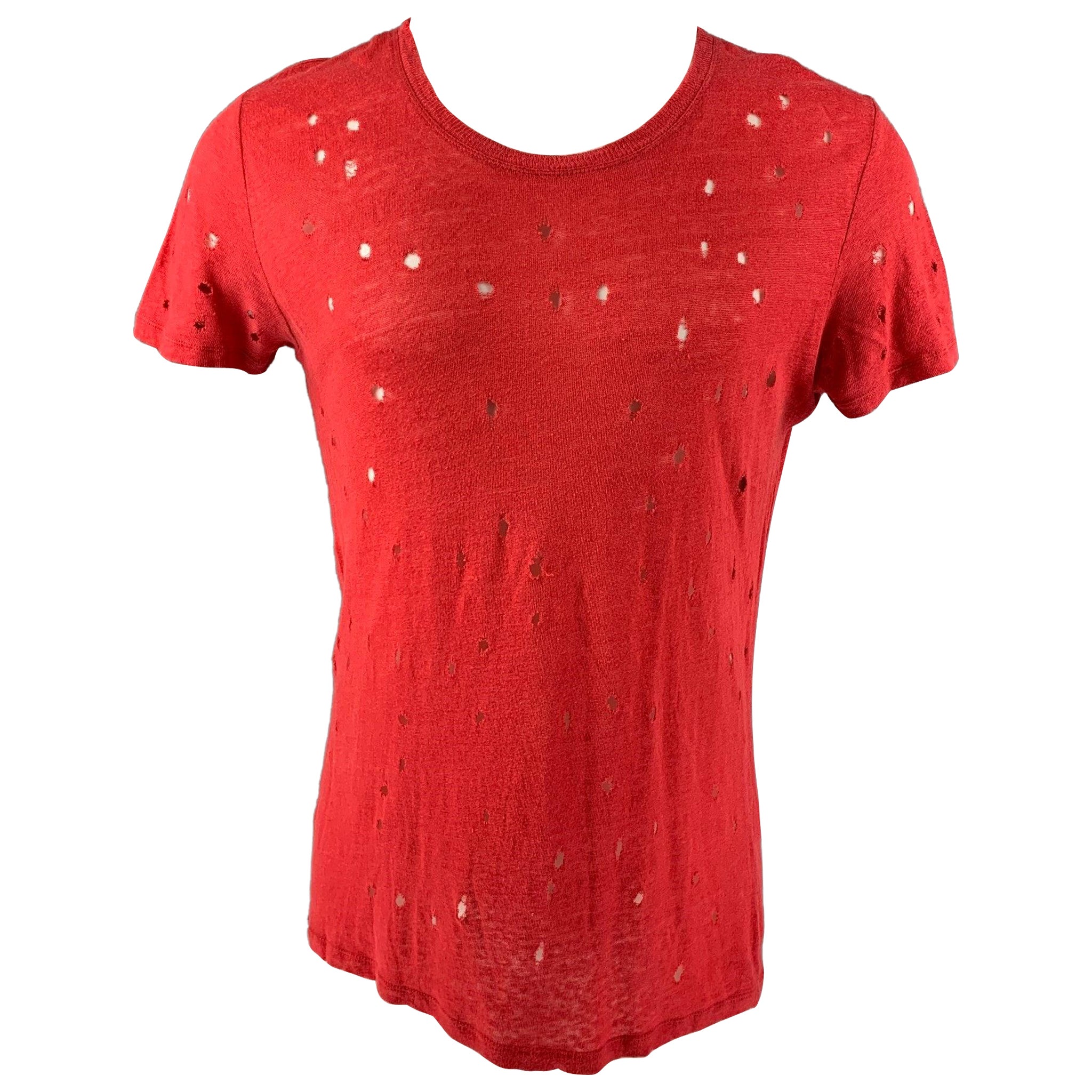 IRO Size S Red Distressed Linen Crew-Neck T-shirt For Sale