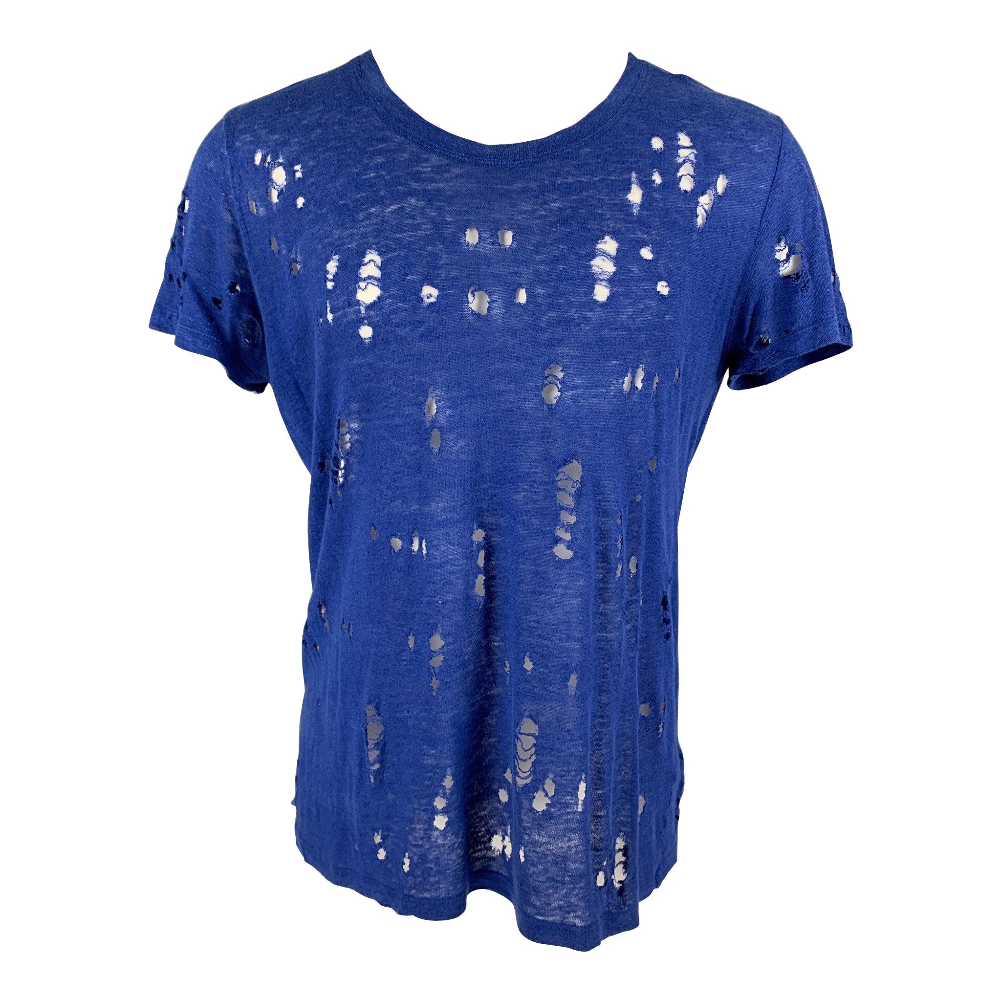 IRO Size S Royal Blue Distressed Linen Crew-Neck Clay T-shirt For Sale