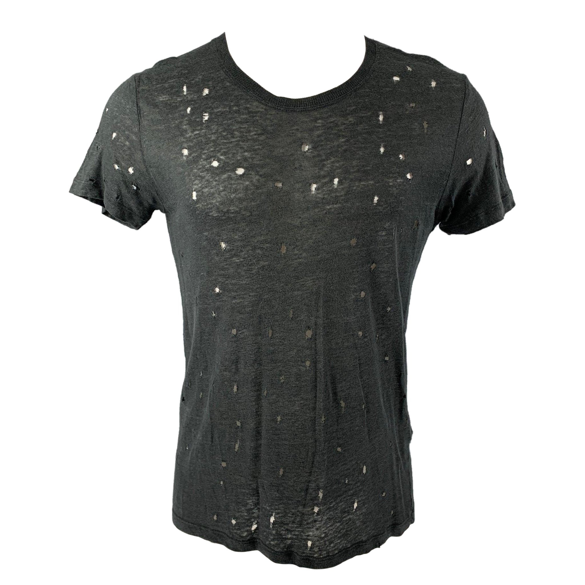 IRO Size S Black Distressed Linen Crew-Neck T-shirt For Sale