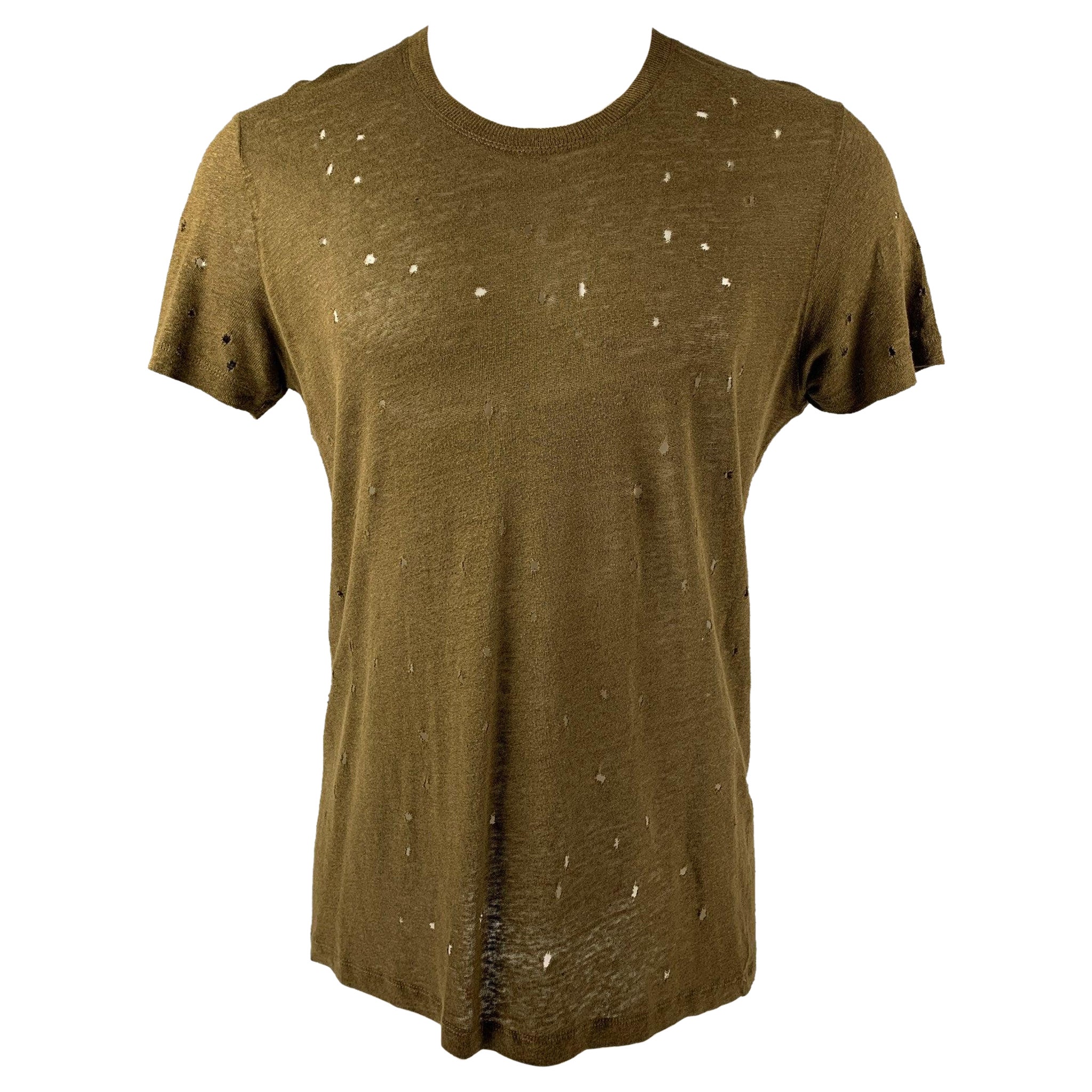 IRO Size M Olive Distressed Linen Crew-Neck T-shirt For Sale