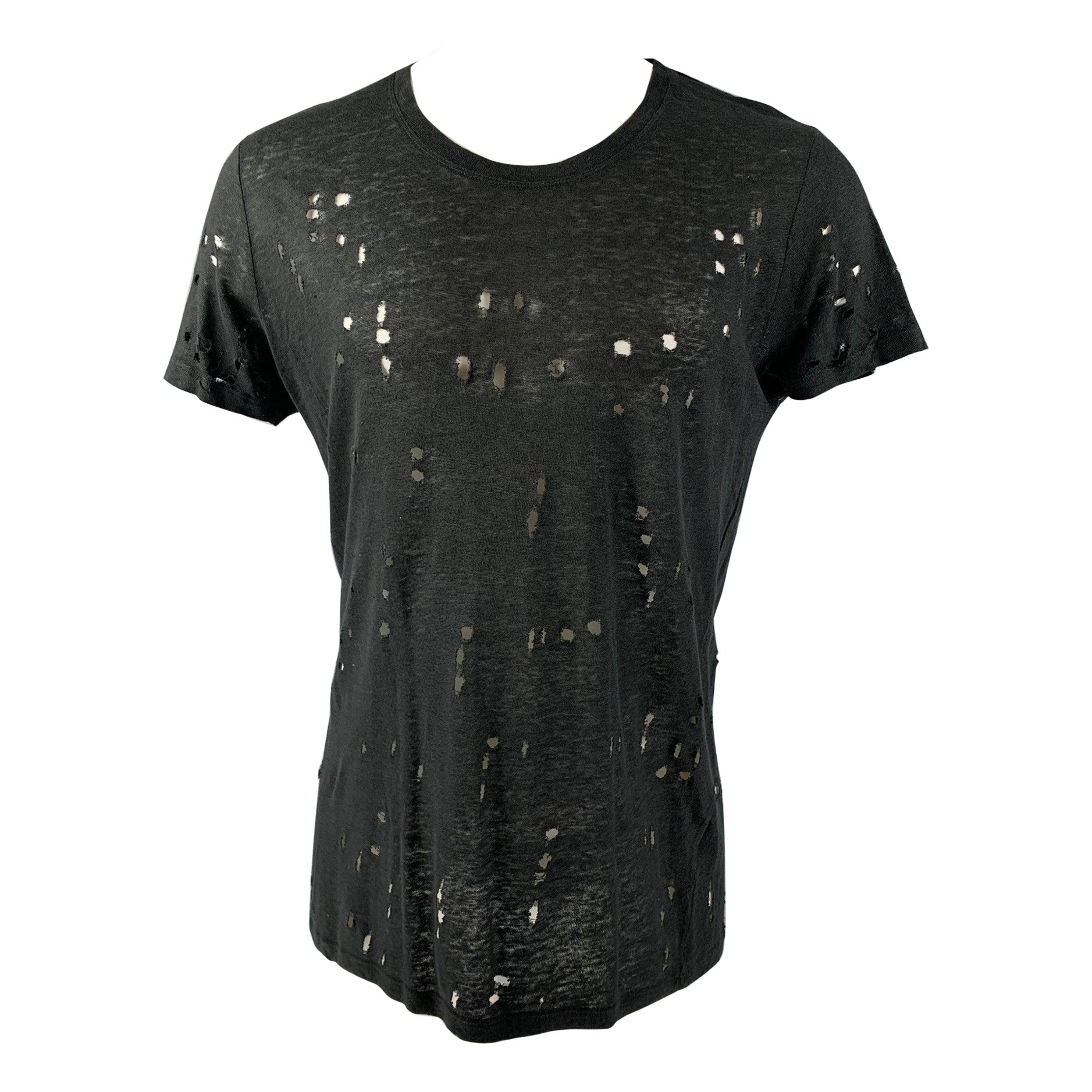 IRO Size S Black Distressed Linen Crew-Neck T-shirt