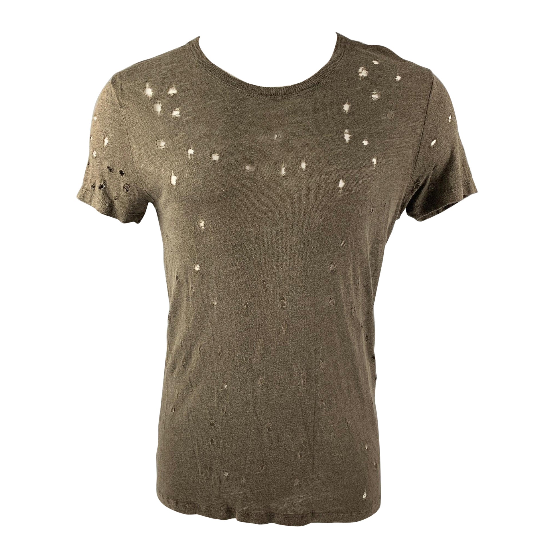 IRO Size S Dark Gray Distressed Linen Crew-Neck T-shirt For Sale
