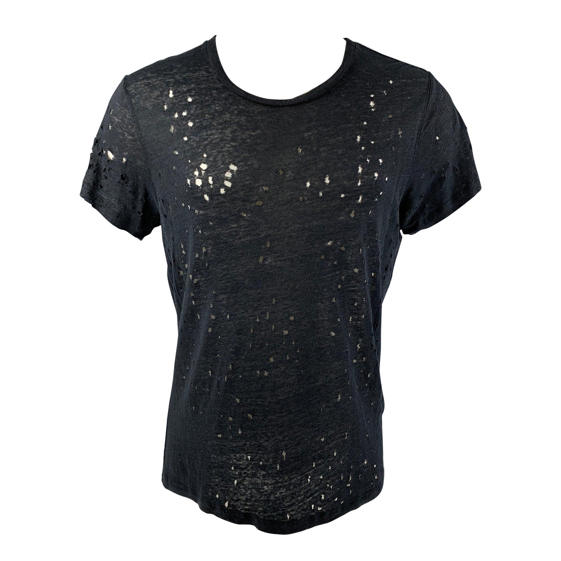 IRO Sijaspe Size S Black Linen Distressed Crew-Neck T-shirt For Sale