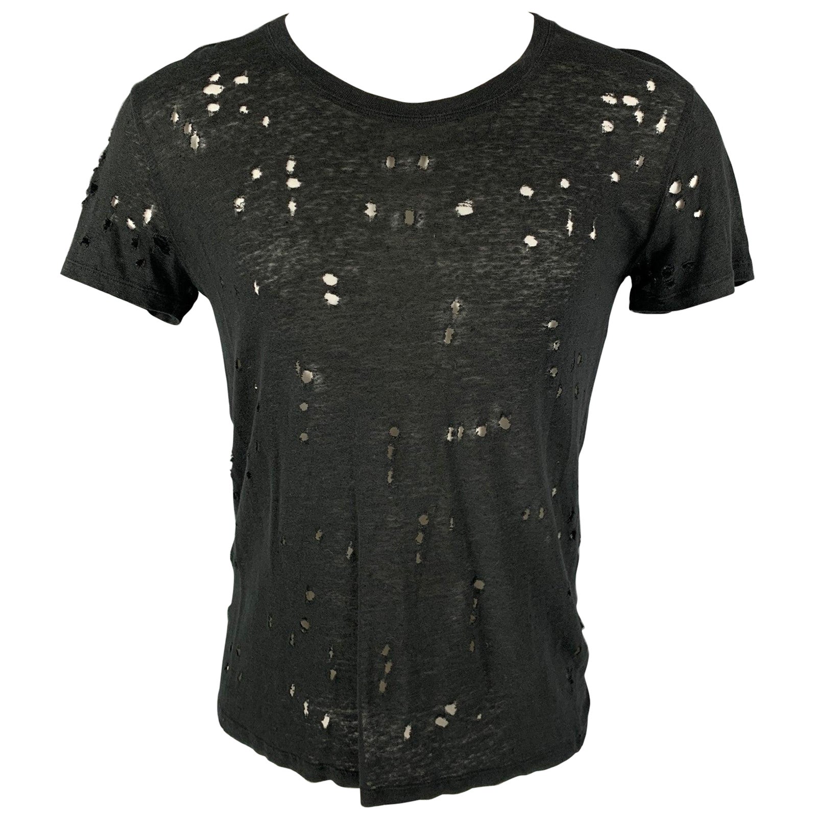 IRO CLAY Size XS Black Linen Distressed Crew-Neck T-shirt For Sale