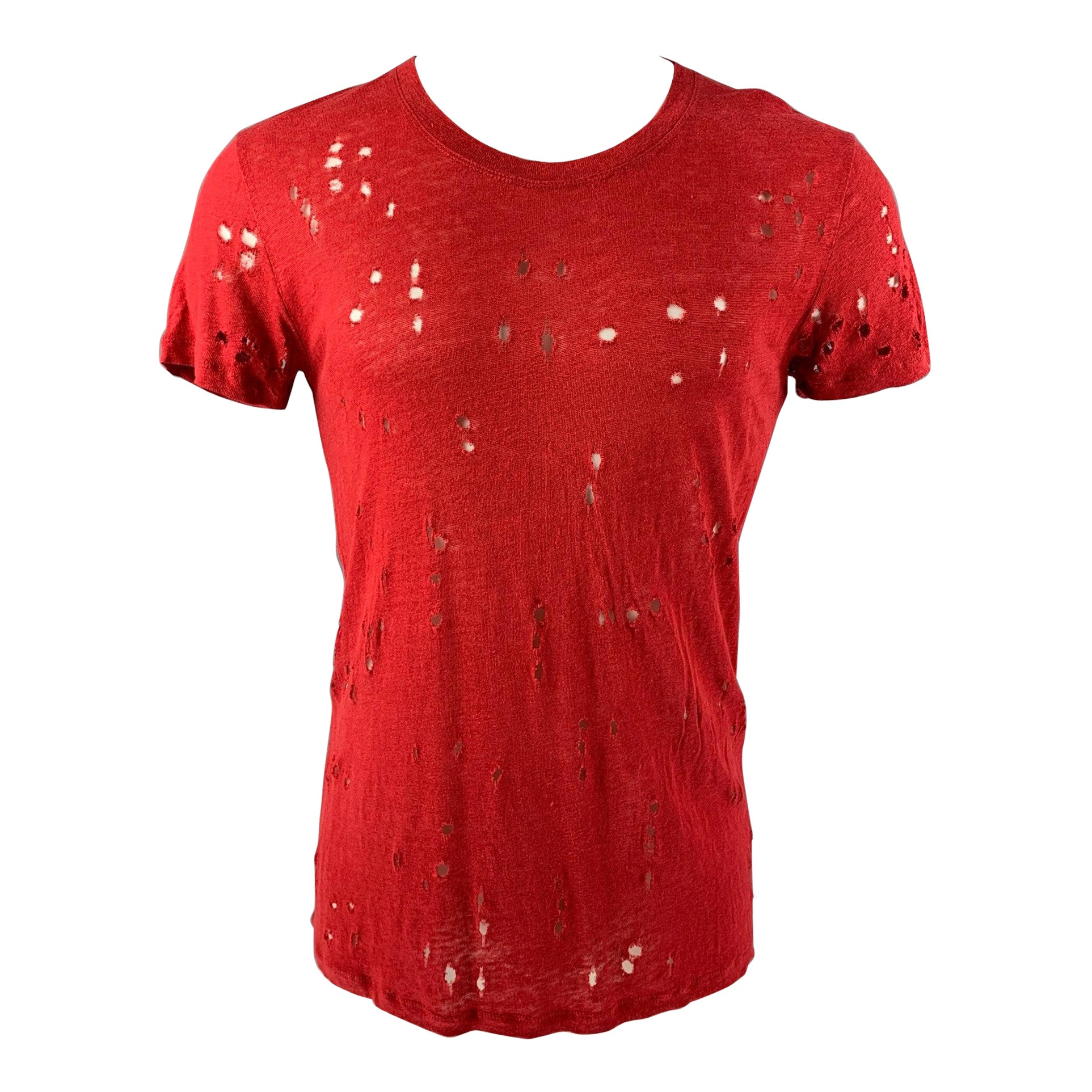 IRO Size XS Burgundy Distressed Linen Crew-Neck T-shirt For Sale