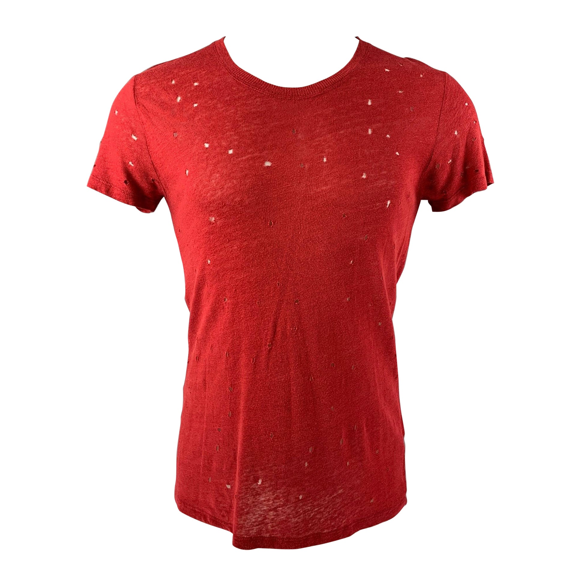 IRO Size XS Burgundy Distressed Linen Crew-Neck T-shirt For Sale
