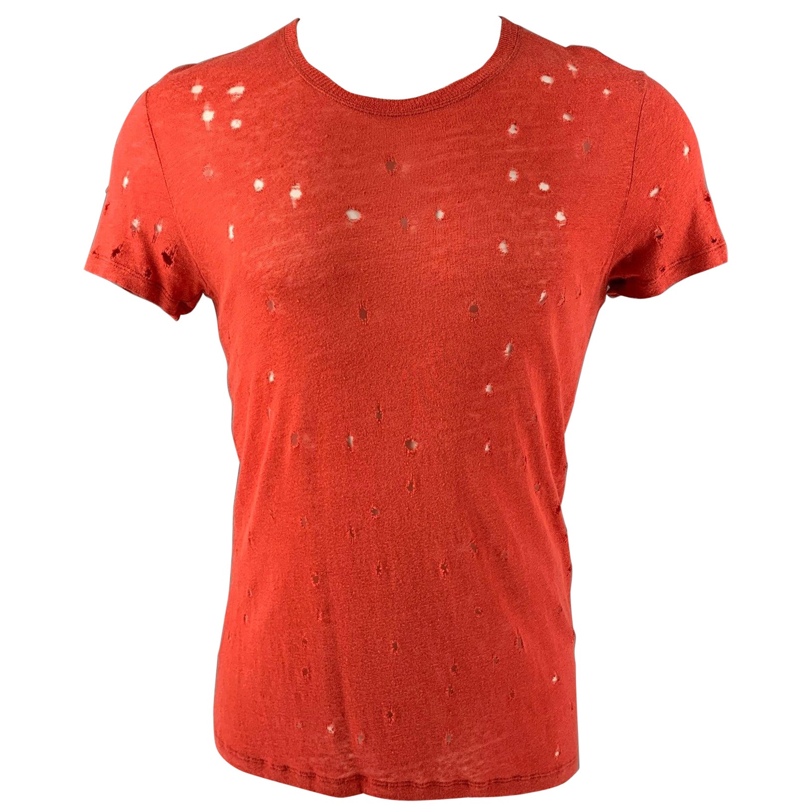IRO Size XS Red Distressed Linen Crew-Neck T-shirt For Sale