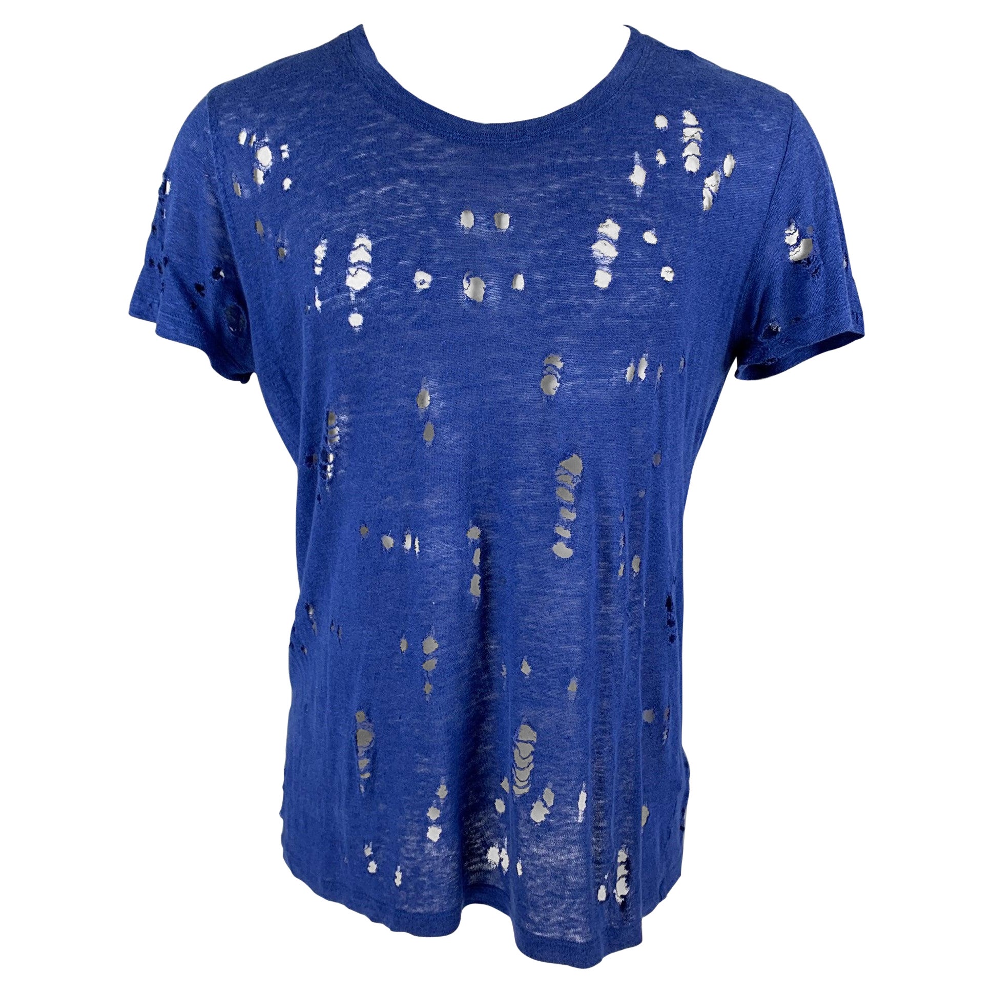 IRO Size XS Royal Blue Distressed Linen Crew-Neck Clay T-shirt For Sale