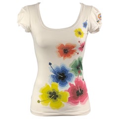 LOVE MOSCHINO Size 4 White Multicolor Cotton/Elastane Flower Rhinestones T-Shirt