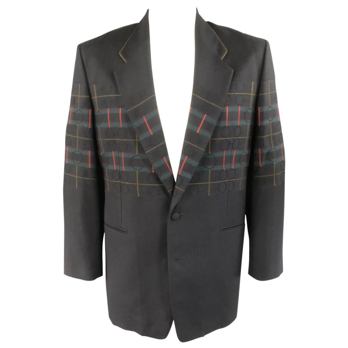 MATSUDA Jacket 40 Black Wool Geometric Circles & Stripes Oversized Sport Coat