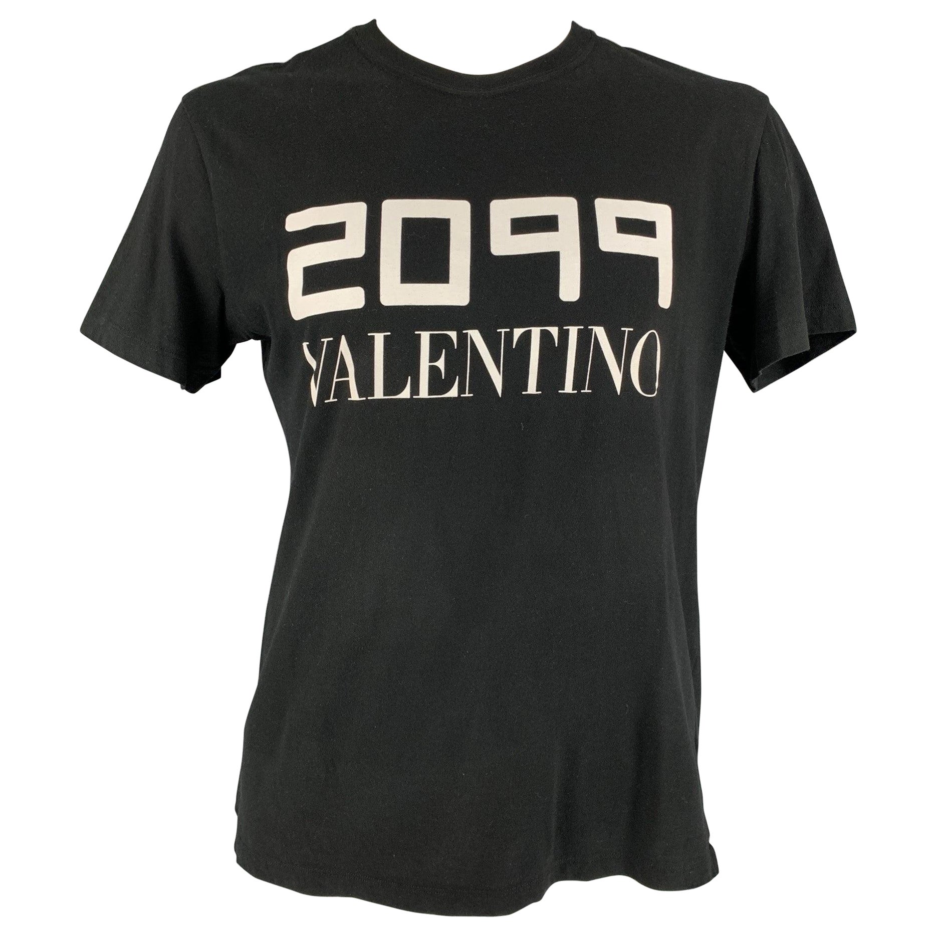 VALENTINO Size L Black & White 2099 Logo Cotton Crew-Neck T-shirt en vente