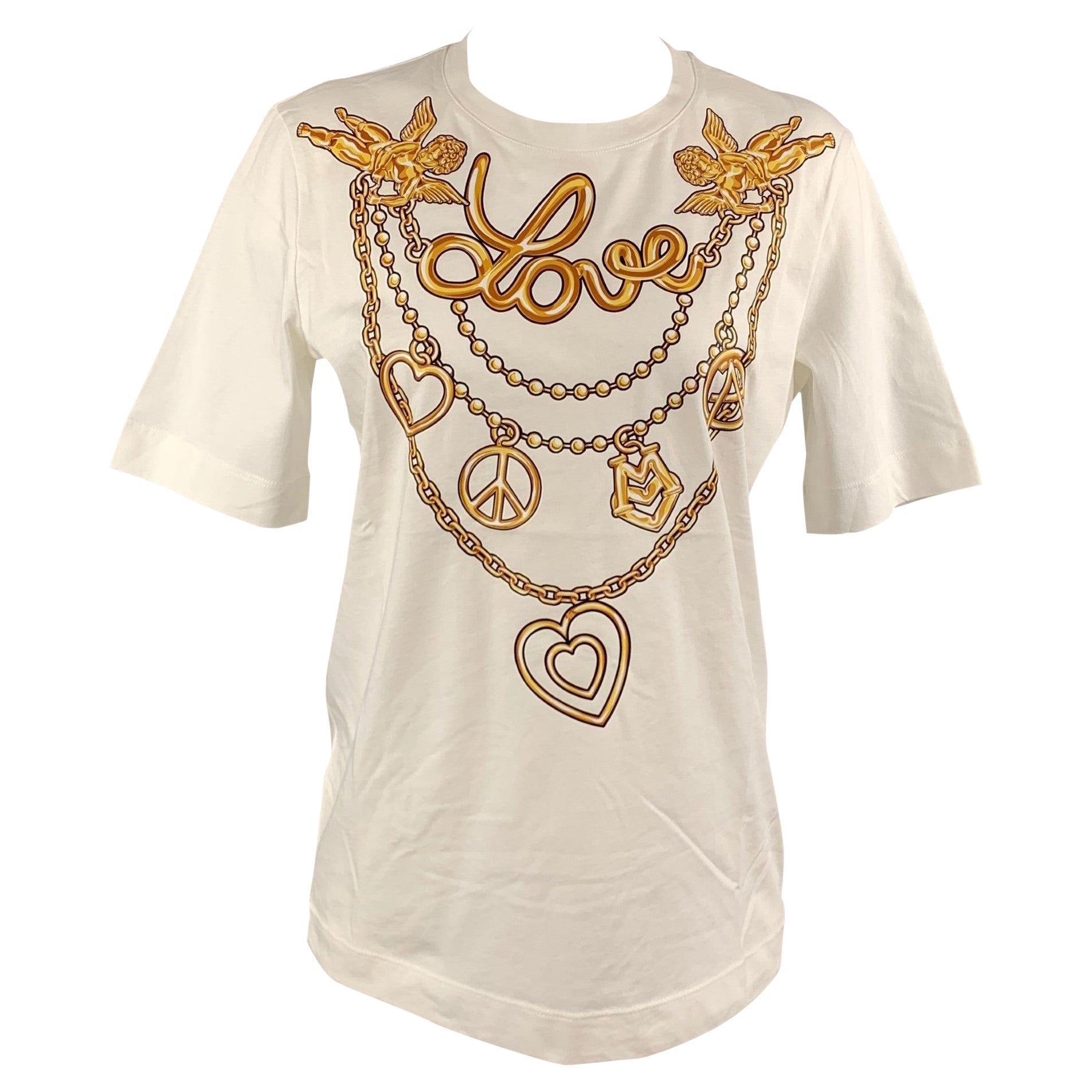 LOVE MOSCHINO Size 4 White & Gold Cotton Love Jewel Print T-Shirt
