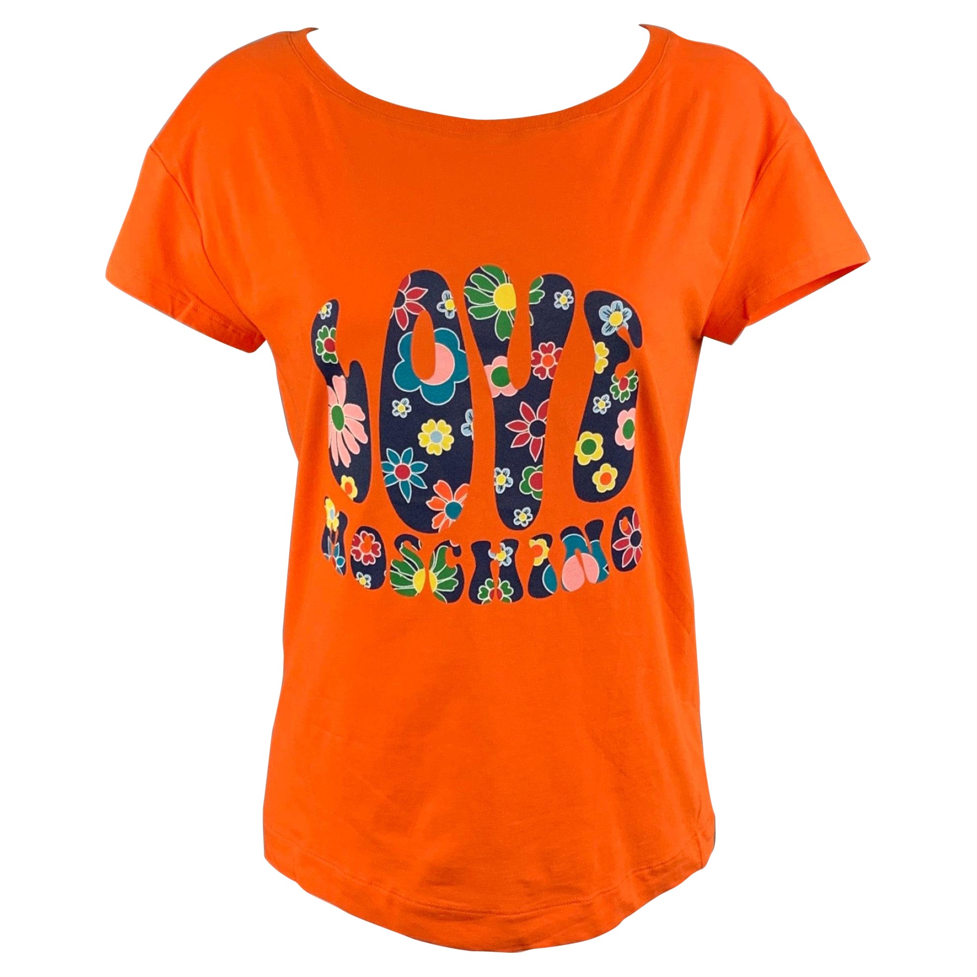 LOVE MOSCHINO Größe 4 Orangefarbenes T-Shirt aus grafischer Baumwolle mit Blumendruck im Angebot