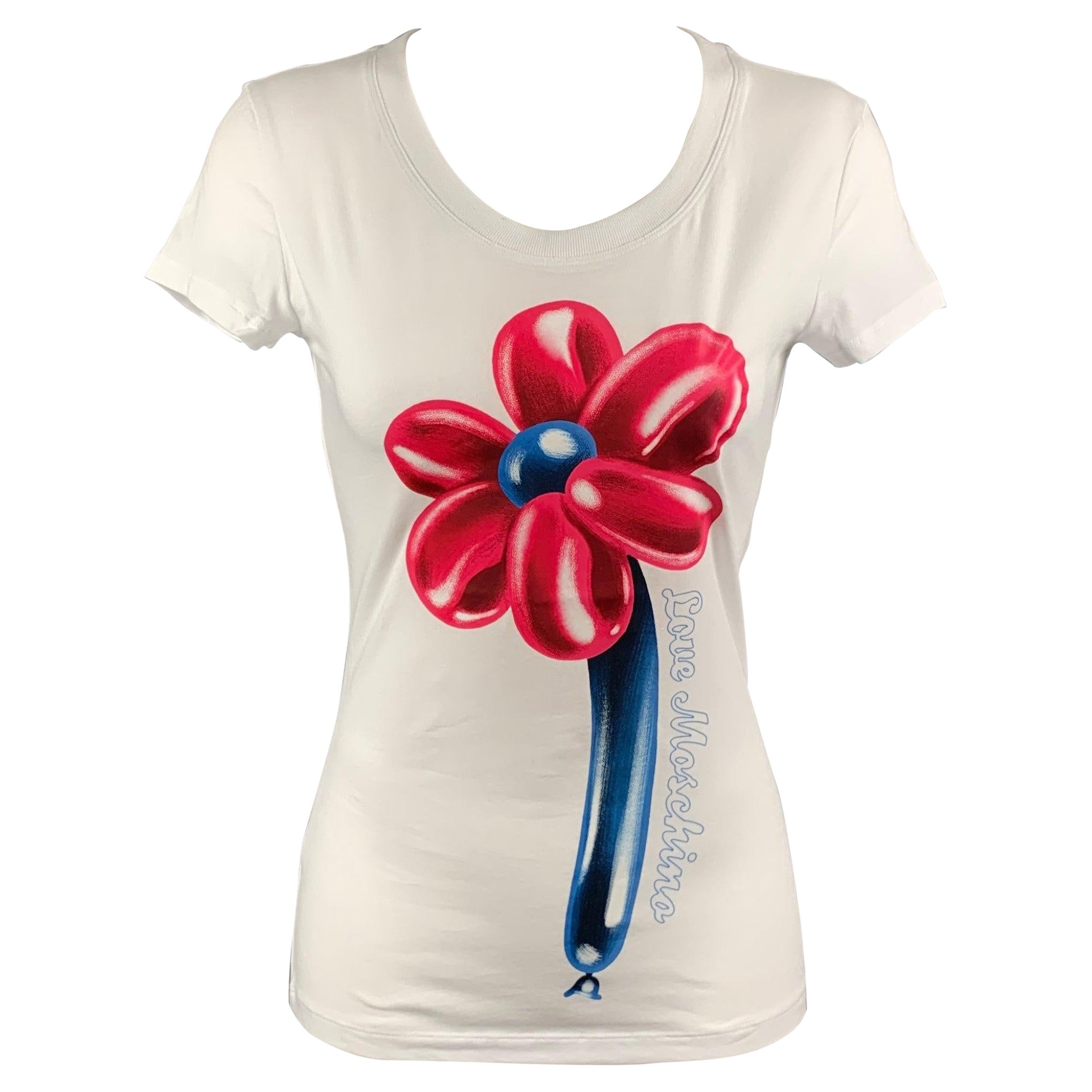 LOVE MOSCHINO Size 4 White Cotton/Elastane Fuchsia/Blue Flower Balloon T-Shirt For Sale