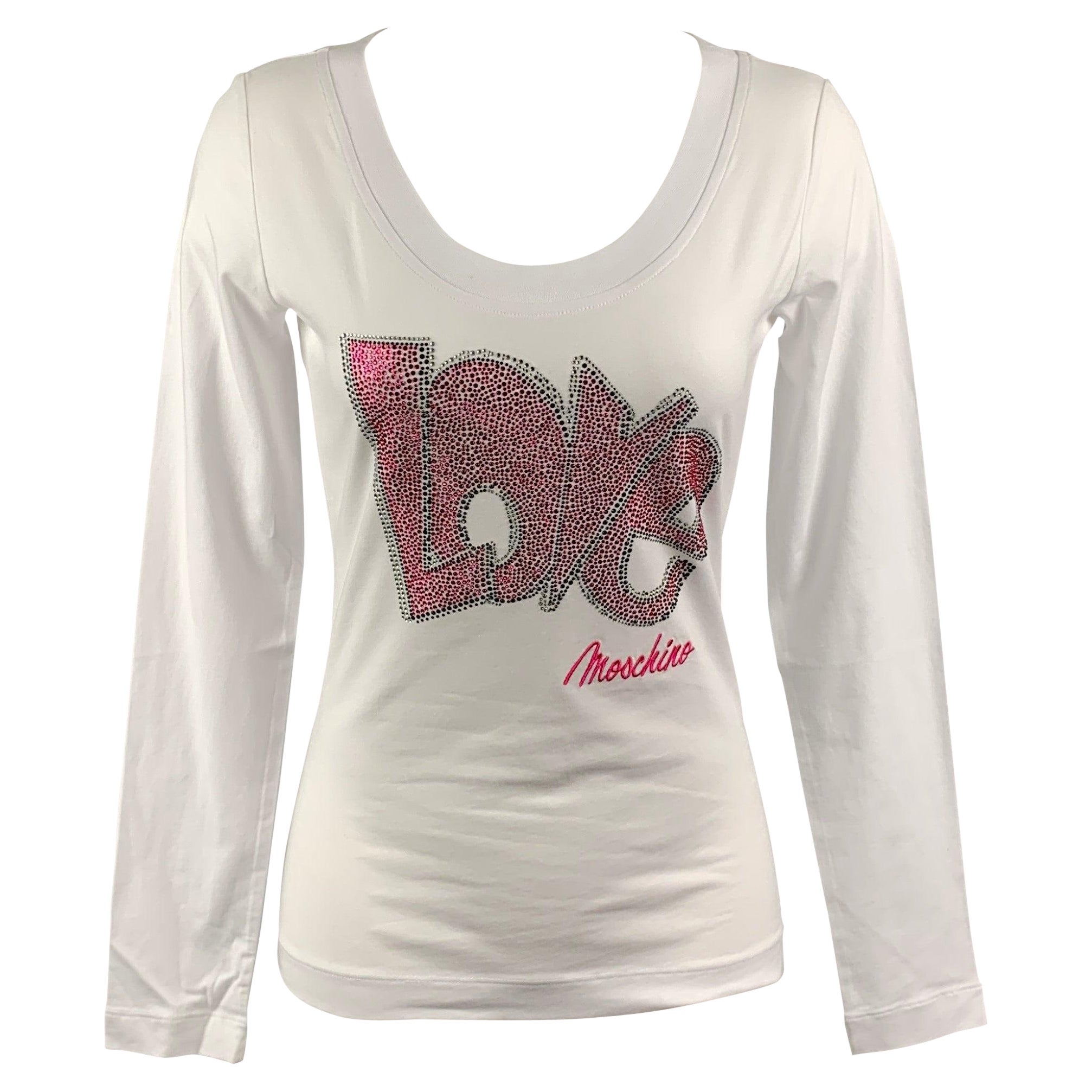 LOVE MOSCHINO Size 4 White Pink Cotton/Elastane Rhinestones Long Sleeves T-Shirt For Sale