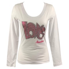 LOVE MOSCHINO Size 4 White Pink Cotton/Elastane Rhinestones Long Sleeves T-Shirt