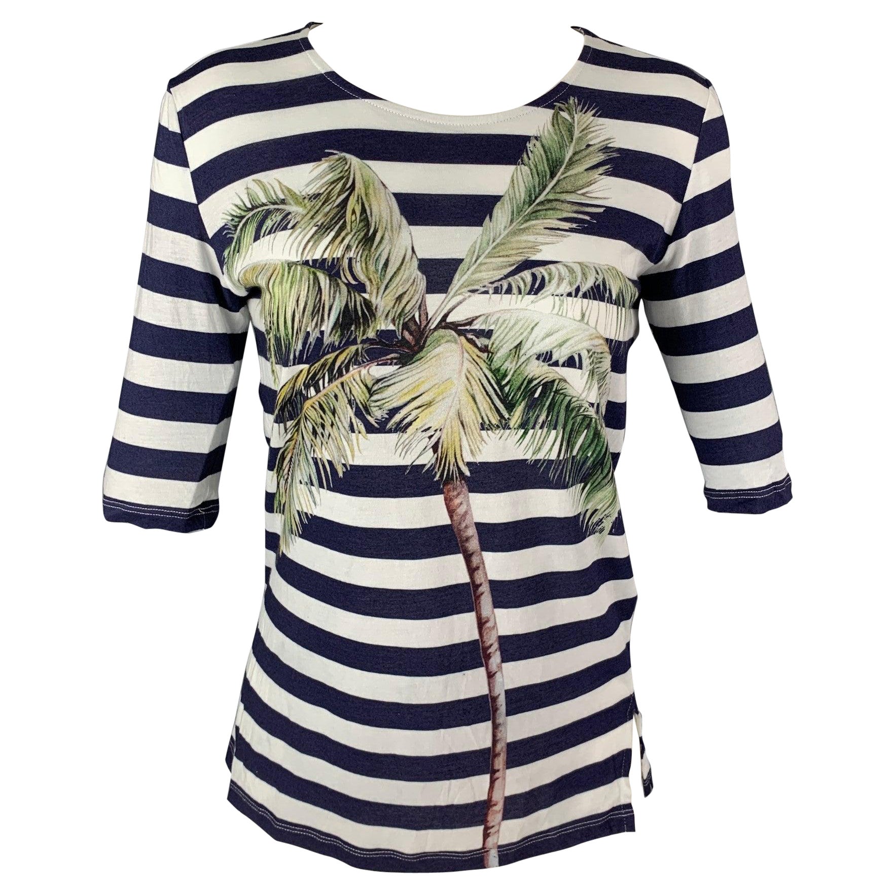 STELLA McCARTNEY Size 4 Blue & White Palm Tree Cotton Stripe T-Shirt For Sale
