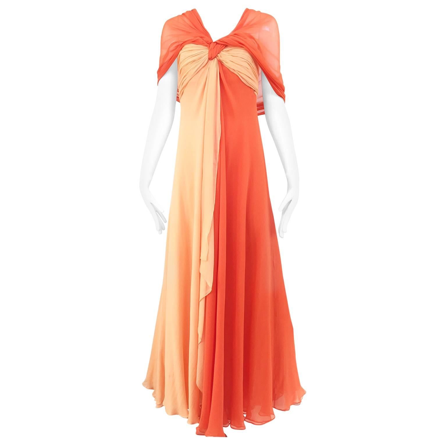 1990s Bill Blass Tangerine Orange Silk Chiffon Strapless Dress with Shawl