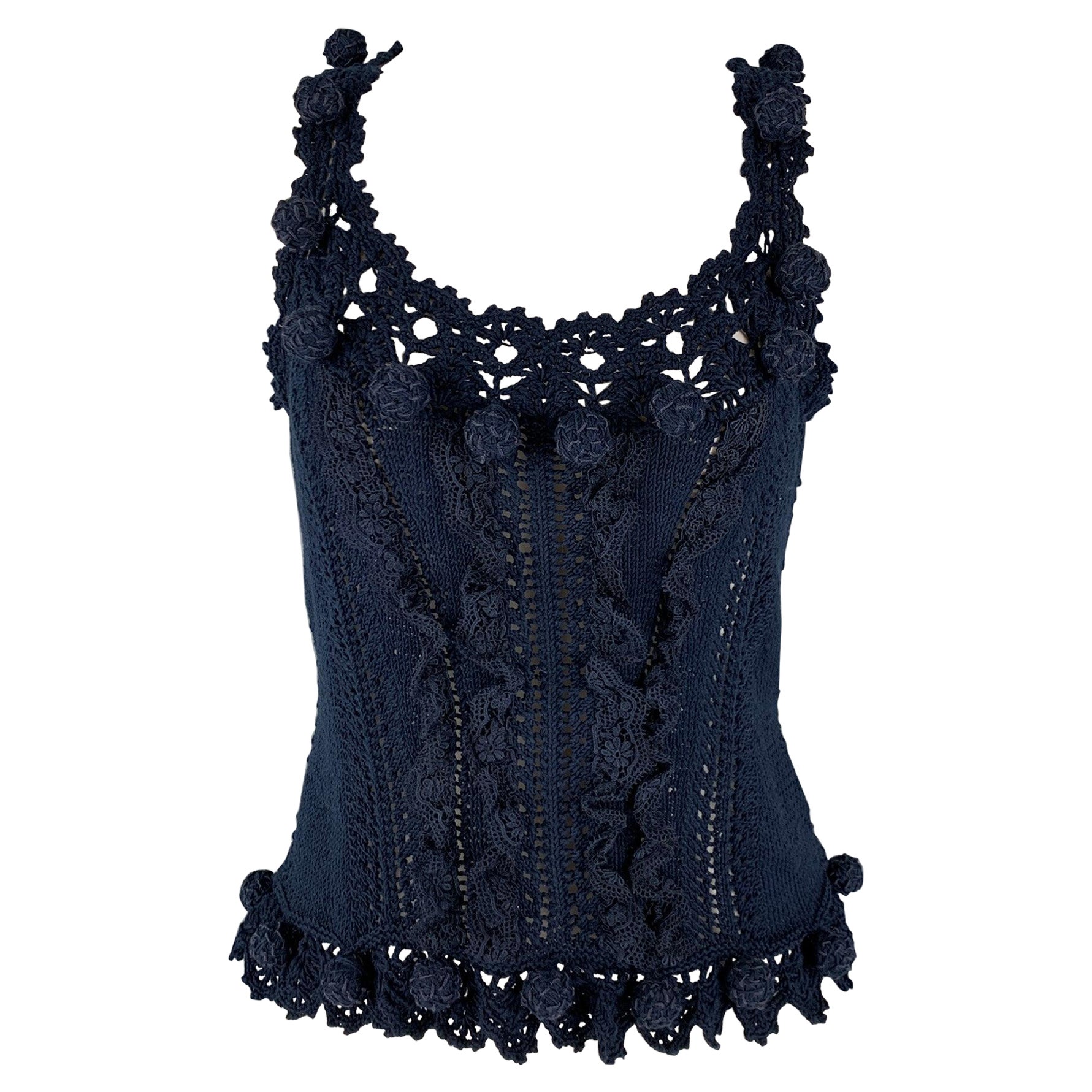 OSCAR DE LA RENTA Size M Navy Cotton Crochet Sleeveless Casual Top For Sale
