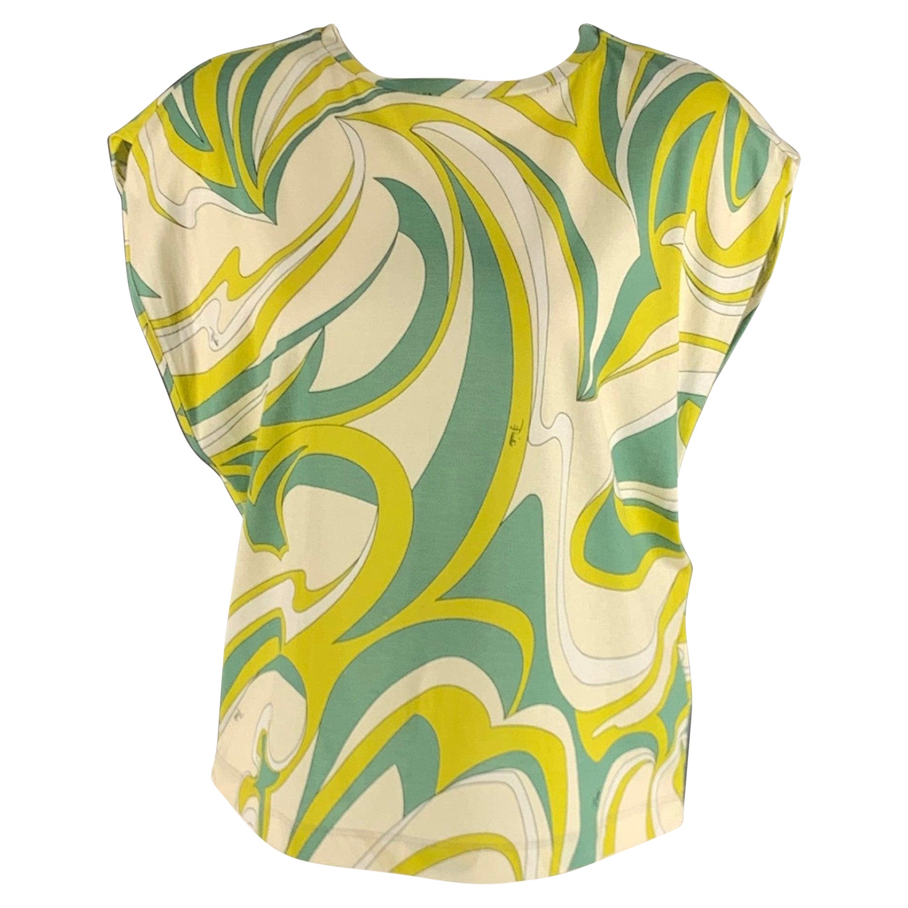 EMILIO PUCCI Size S Cream Green Cotton Abstract Sleeveless Casual Top For Sale