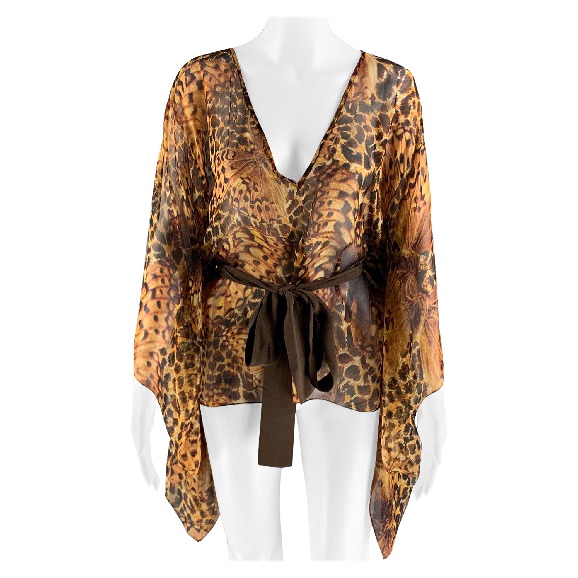 MATTHEW WILLIAMSON Size 6 Brown Yellow Silk Butterflies Belted Casual Top (Top décontracté avec ceinture) en vente