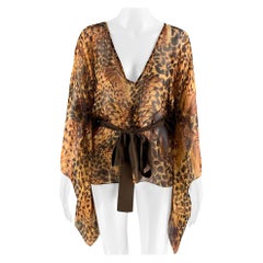 MATTHEW WILLIAMSON Size 6 Brown Yellow Silk Butterflies Belted Casual Top (Top décontracté avec ceinture)