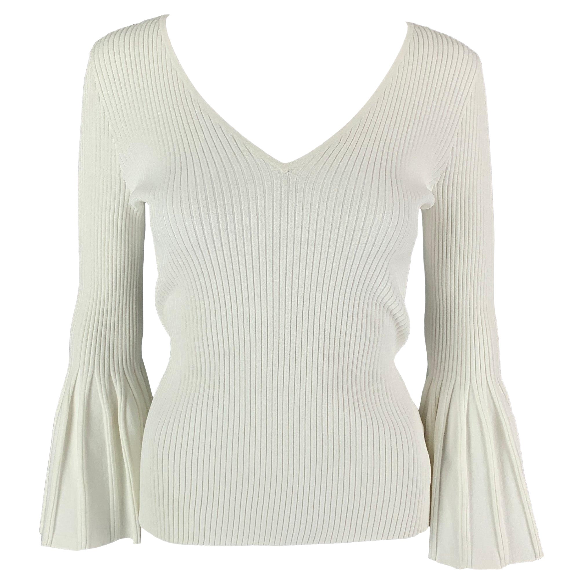 CAROLINA HERRERA Size M White Viscose Polyester Ribbed V-Neck Casual Top For Sale