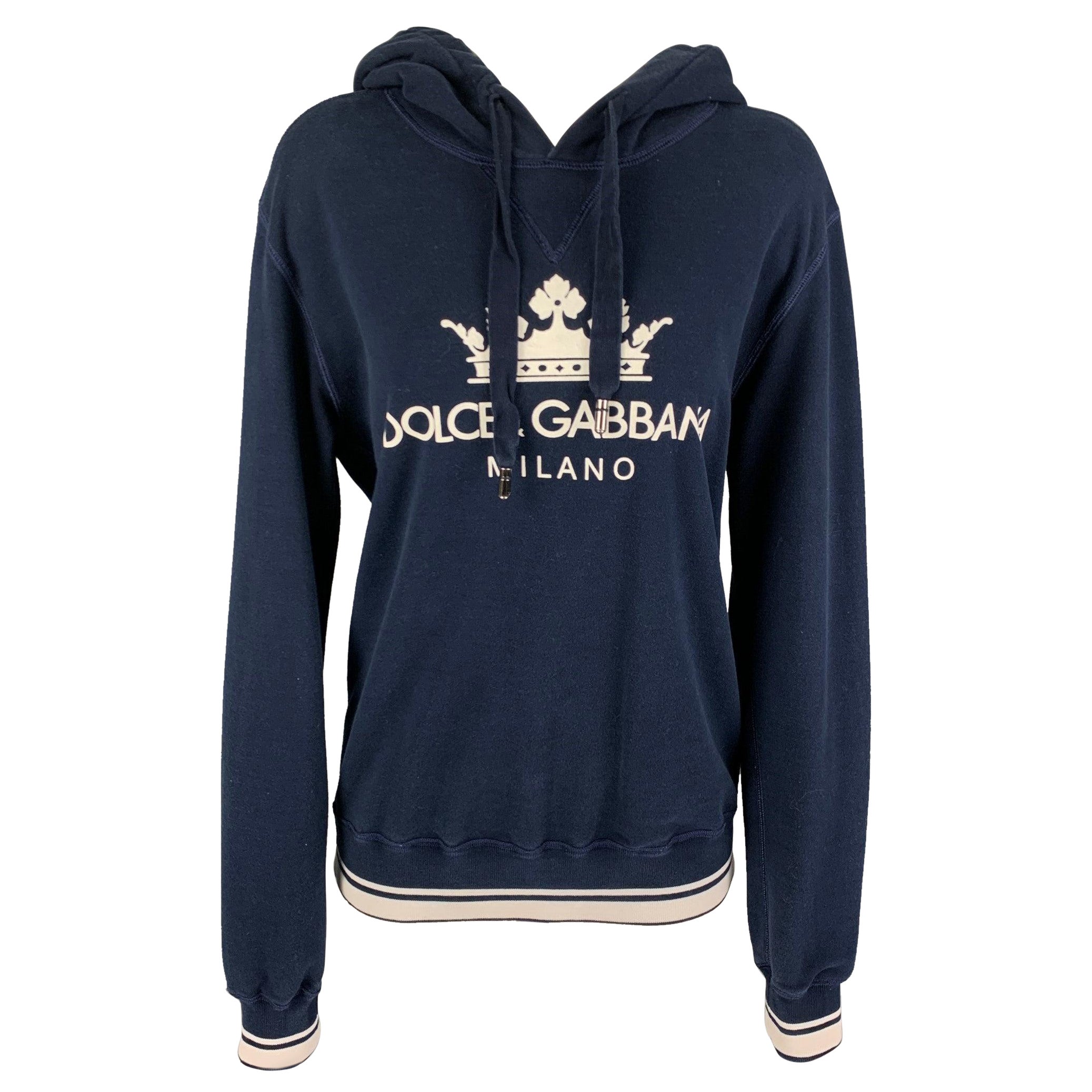 DOLCE & GABBANA Size 8 Navy White Cotton Polyester Logo Hoodie For Sale