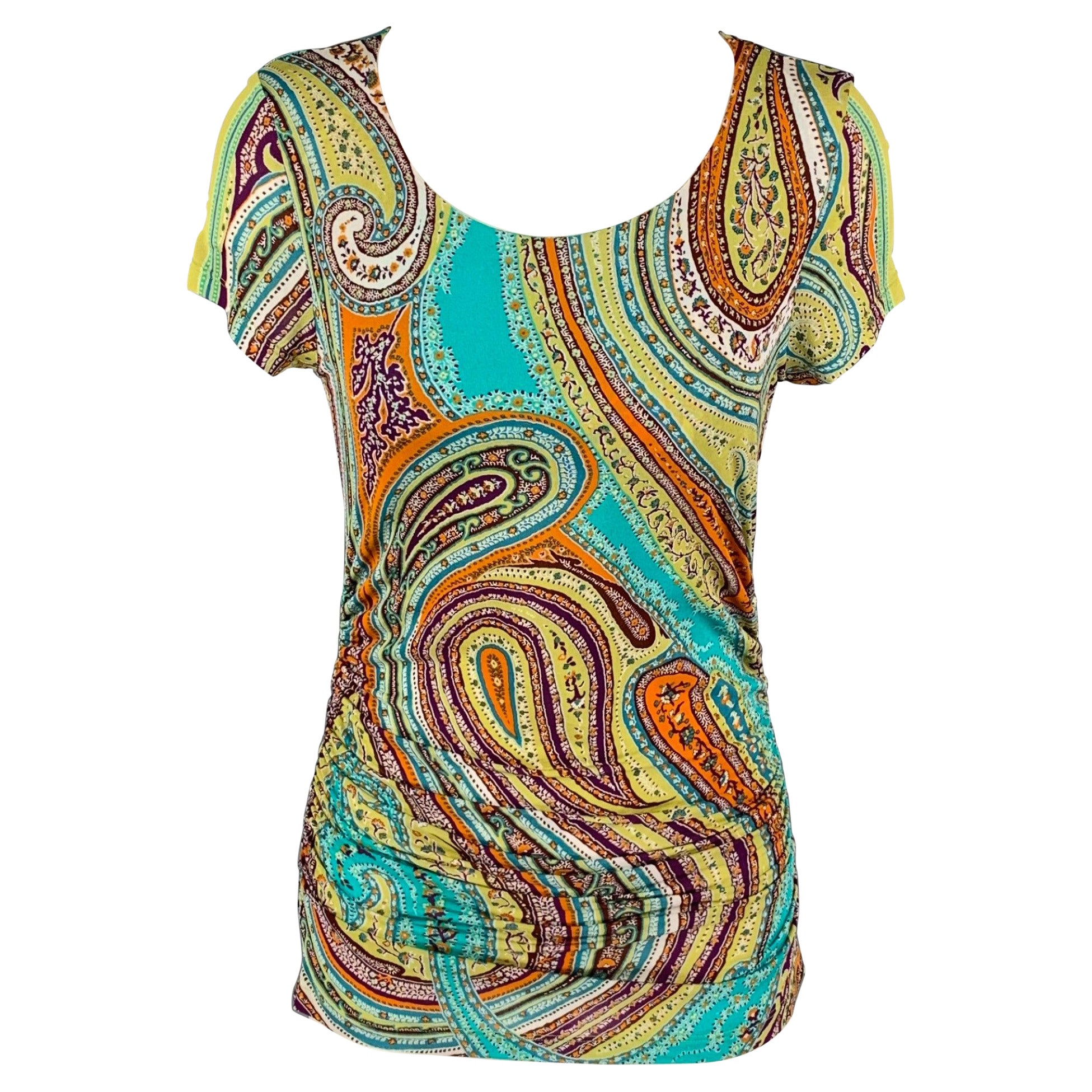 ETRO Size 6 Turquoise Orange Viscose Paisley Ruched Casual Top For Sale