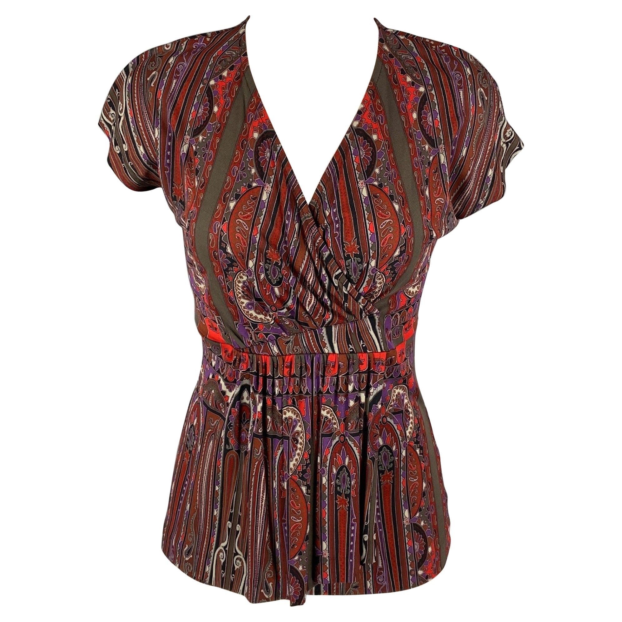ETRO Size 4 Brown Red Rayon Paisley Sleeveless Casual Top For Sale
