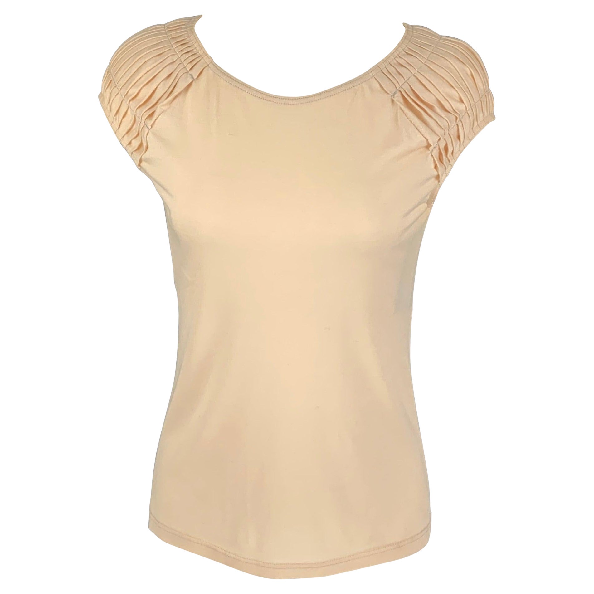 CHRISTIAN DIOR Size 8 Beige Silk Cotton Pleated Cap Sleeves Casual Top For Sale