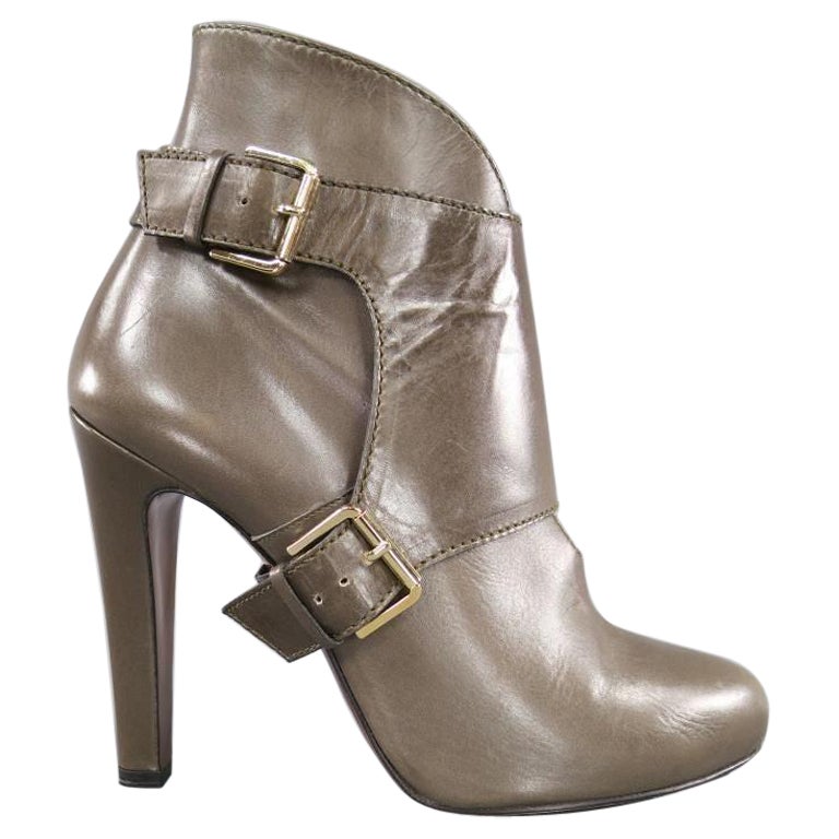 ETRO Size 9 Olive Taupe Green Leather Harness Platform Booties For Sale