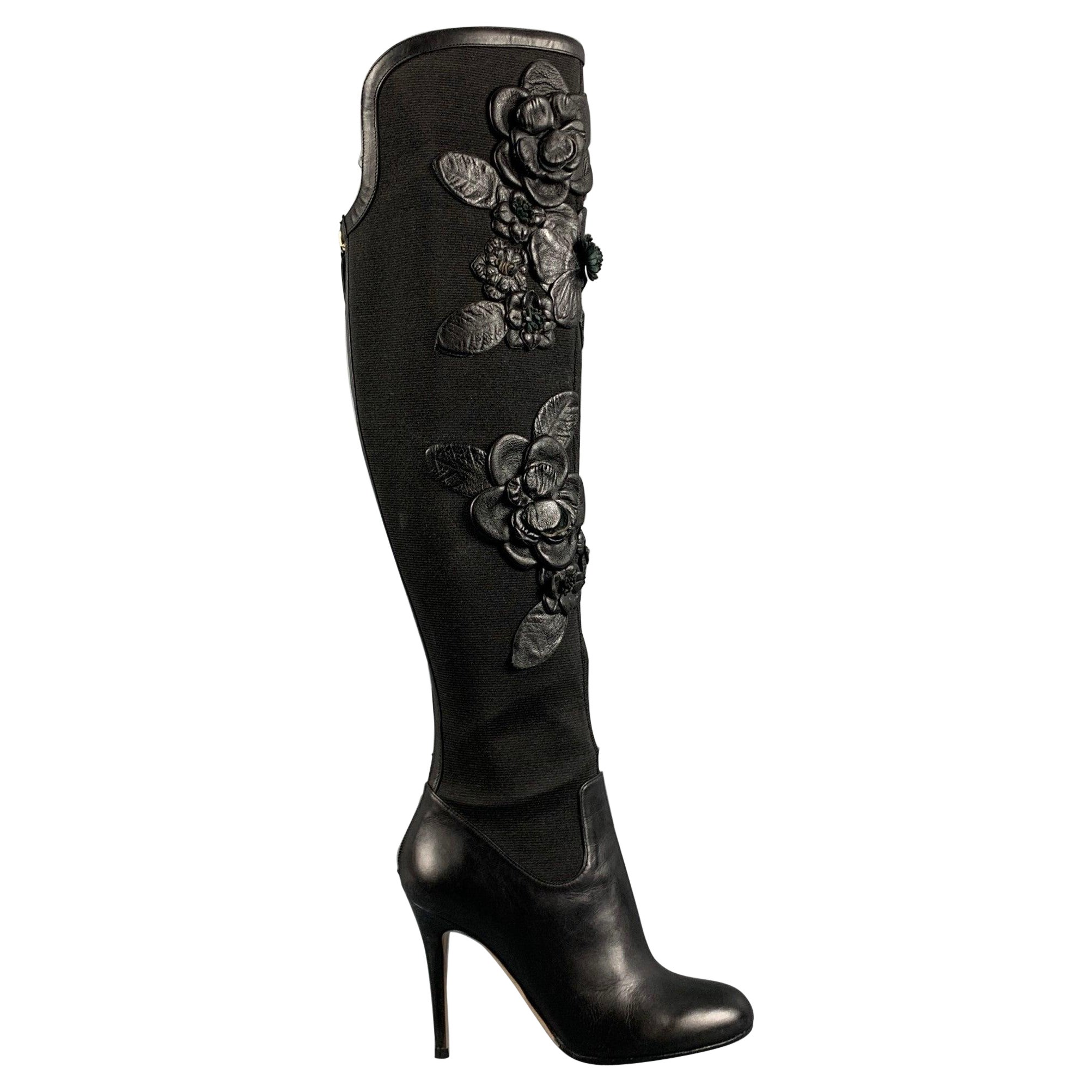 VALENTINO Size 7 Black Nylon Floral Applique Boots For Sale