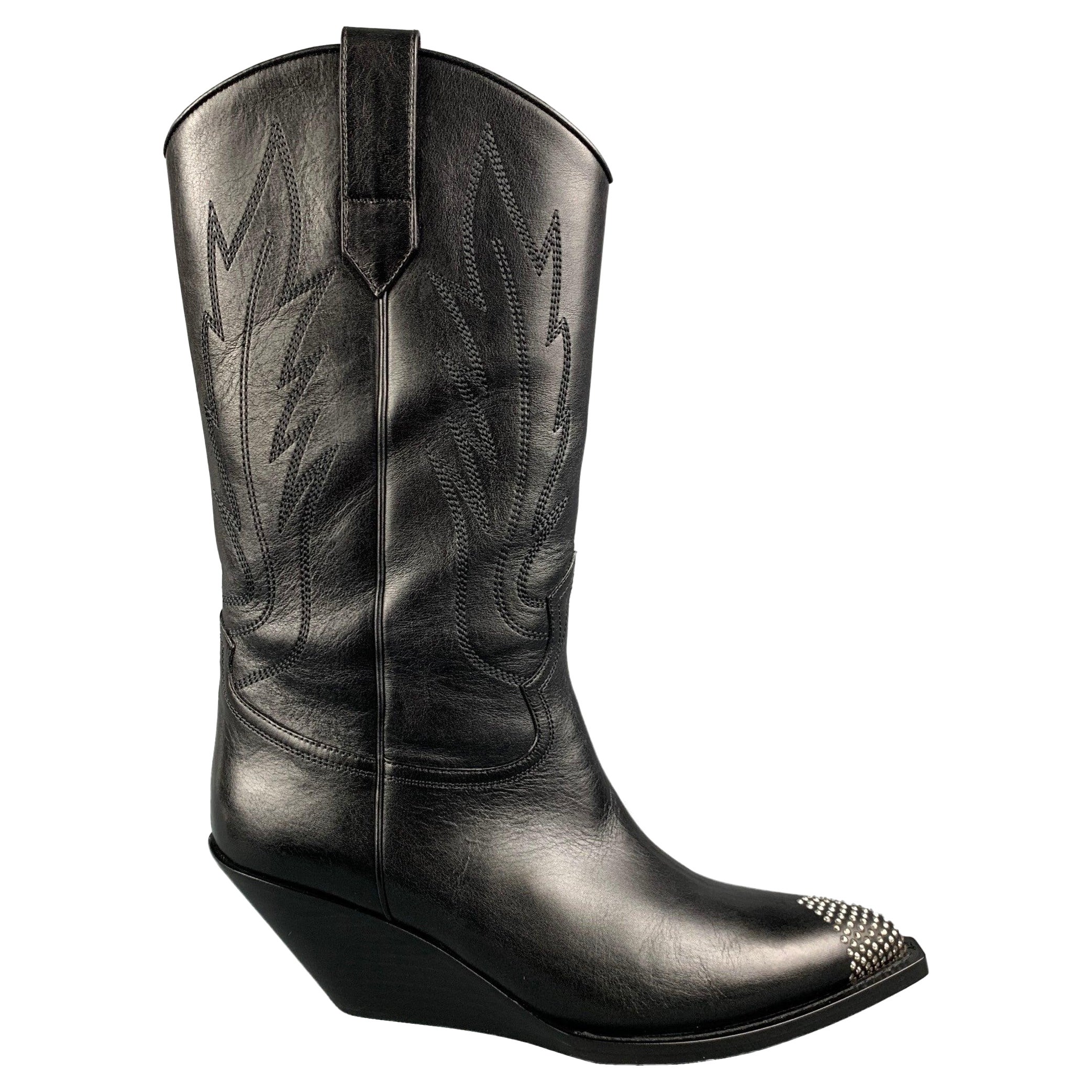 CELINE Size 8 Mens Black Rhinestone Leather Western Boots For Sale