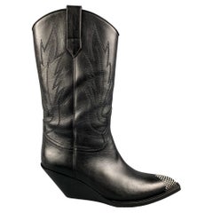 CELINE Größe 8 Herren Schwarze Westernstiefel aus Leder mit Strasssteinen aus Leder