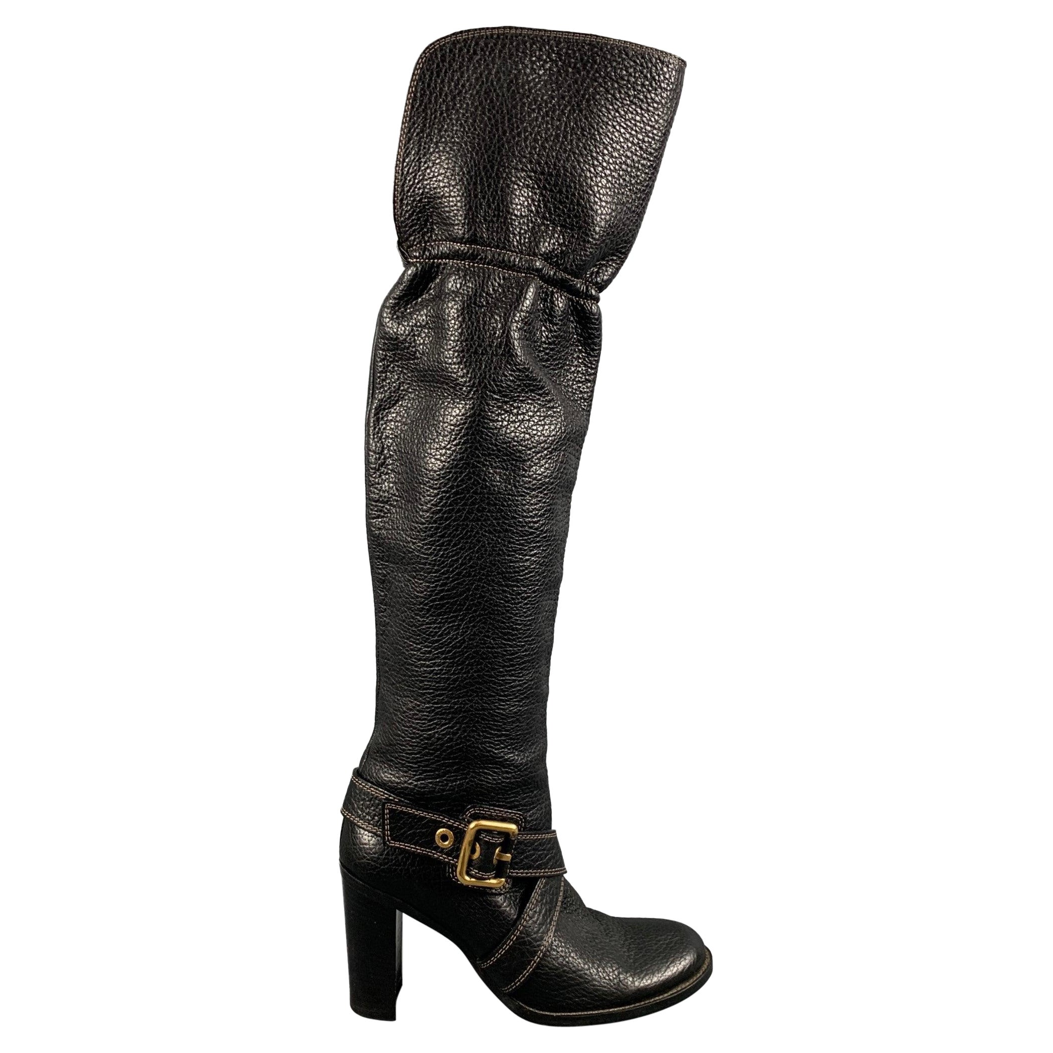 DOLCE & GABBANA Size 10 Black Leather Pebble Grain Ankle Strap Boots For Sale