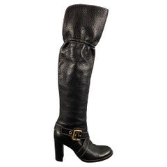 DOLCE & GABBANA Größe 10 Schwarze Pebble Grain-Stiefel mit Knöchelriemen aus Leder