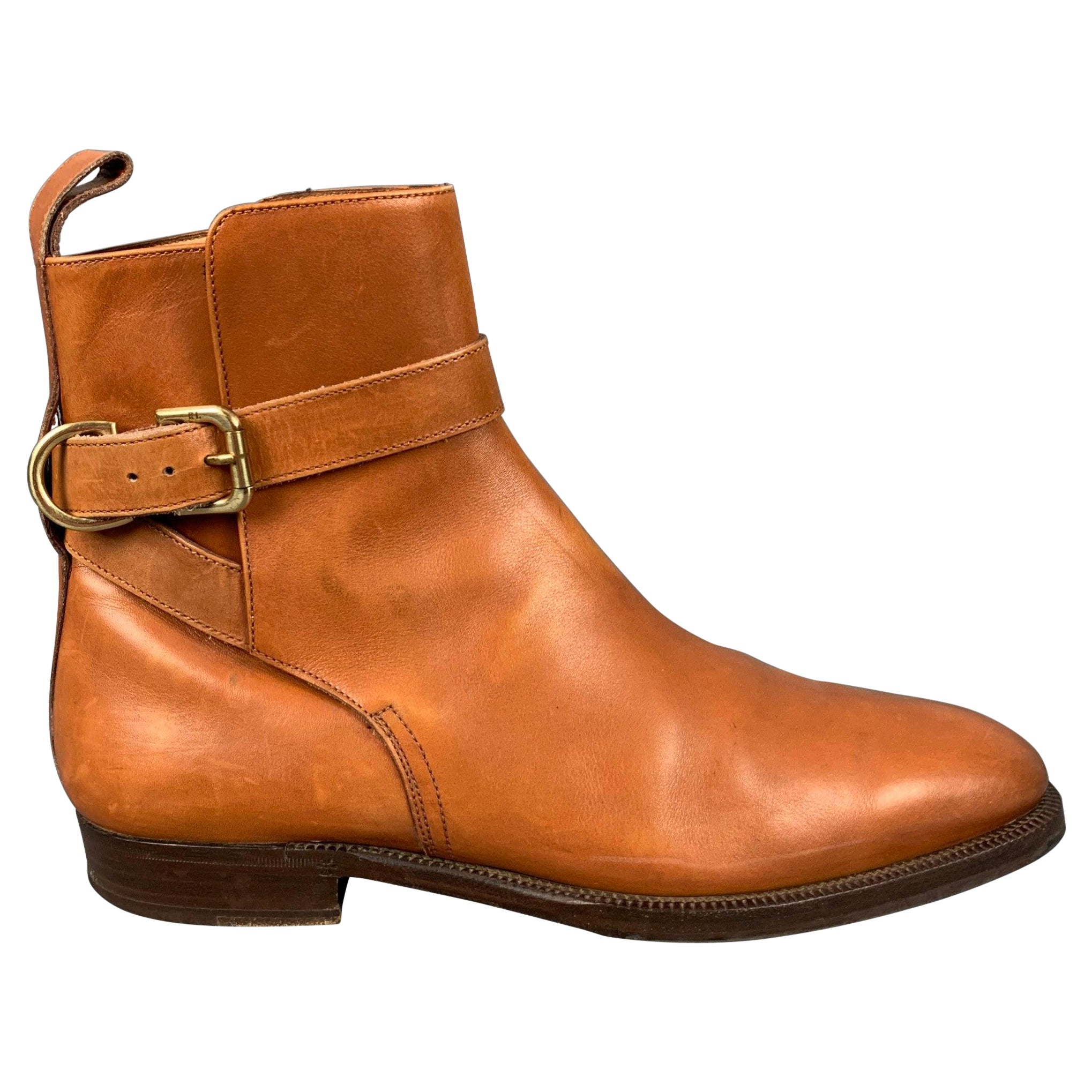RALPH LAUREN Size 9 Camel Leather Ankle Strap Boots For Sale