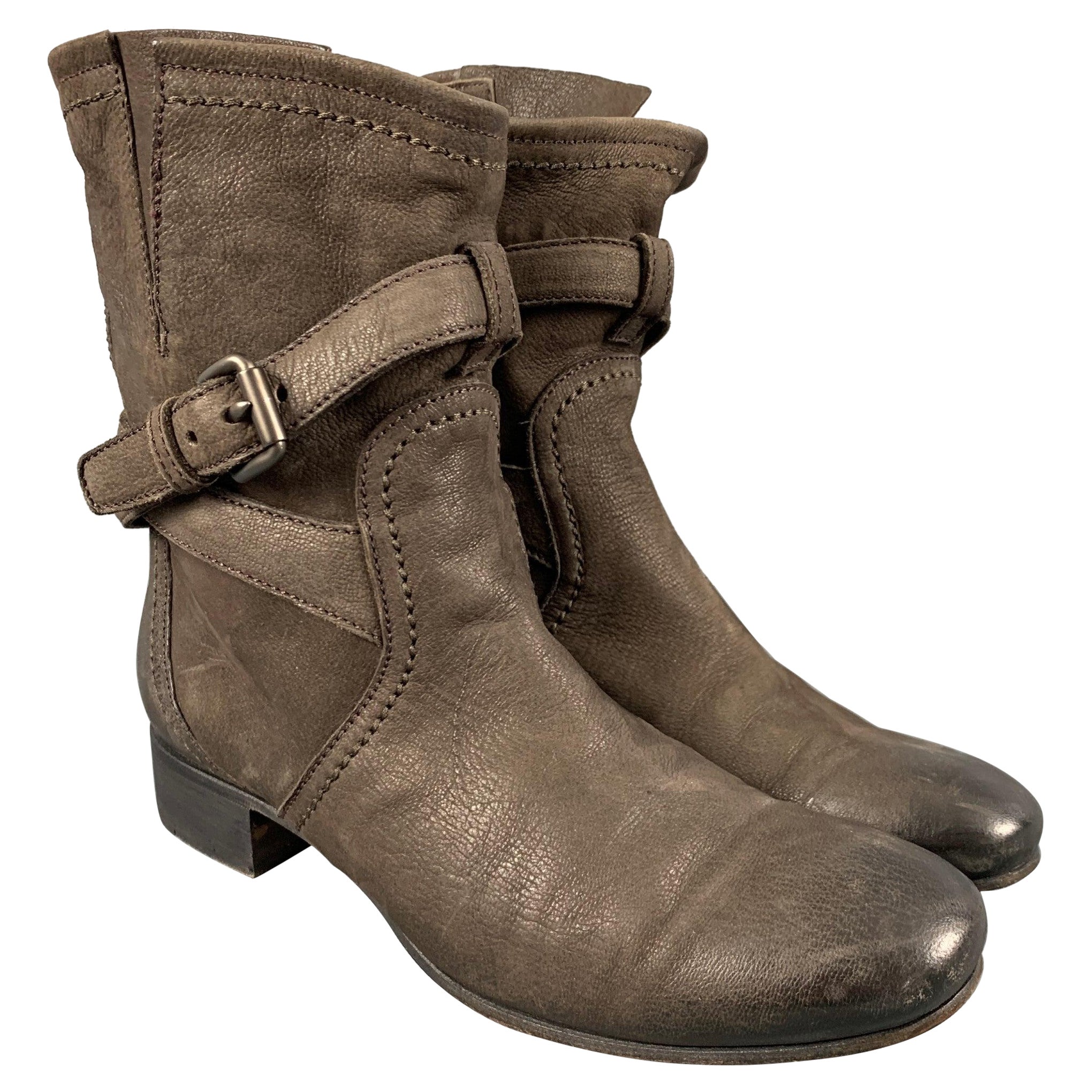 PRADA Size 10 Brown Leather Ankle Strap Boots For Sale