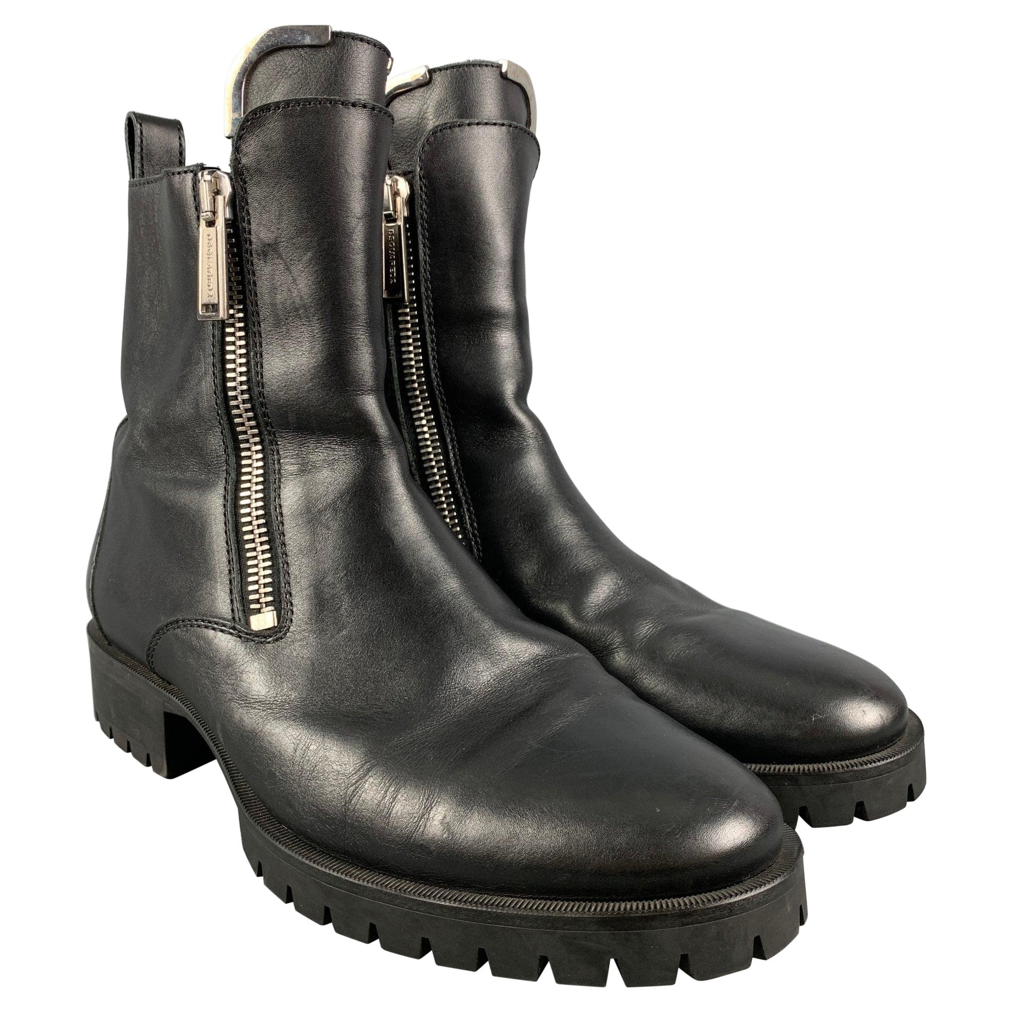 DSQUARED2 Size 11 Black Leather Double Zipper Boots For Sale