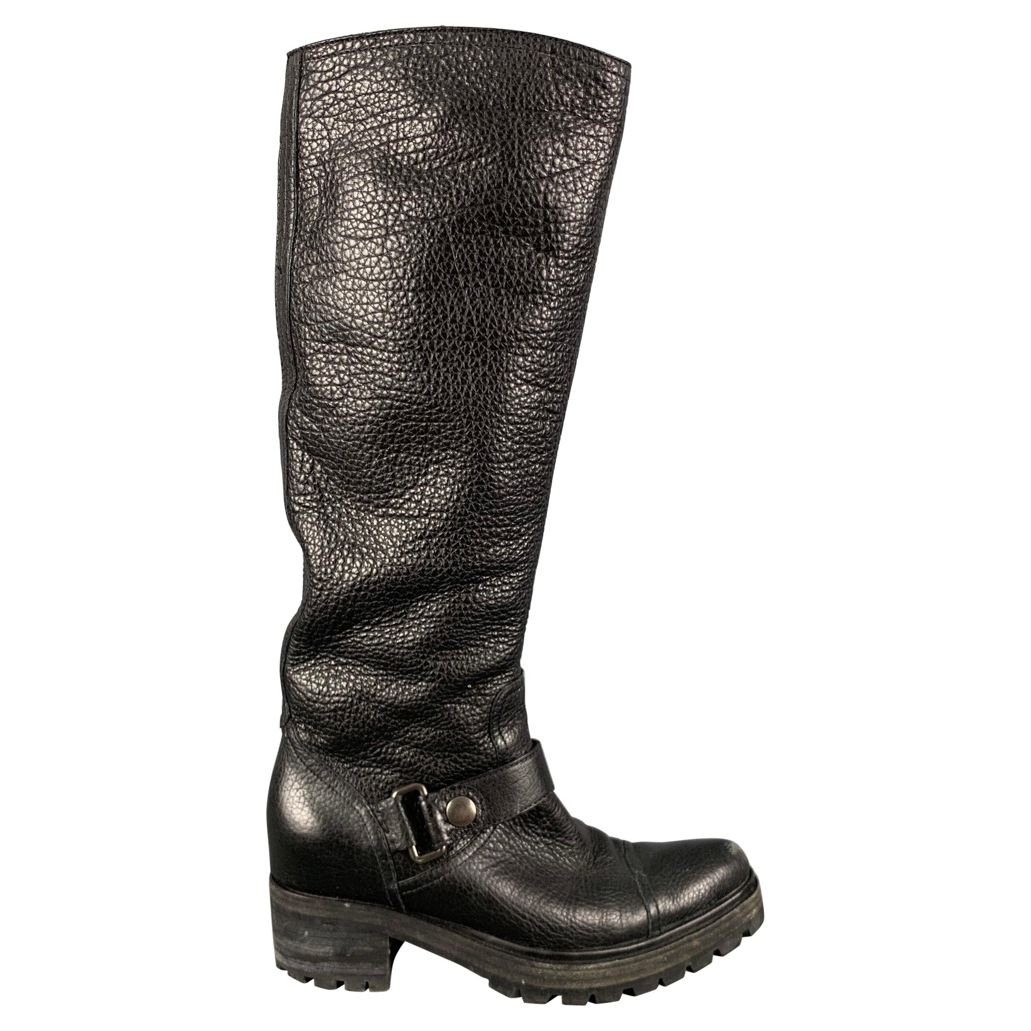 MIU MIU Size 9 Black Leather Pebble Grain Side Zipper Boots