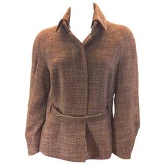 Akris Burgundy Tweed Leather Belted Jacket
