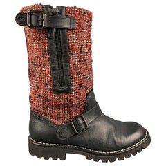 CHANEL Size 8 Black Burgundy Tweed Mixed Materials Pull On Boots