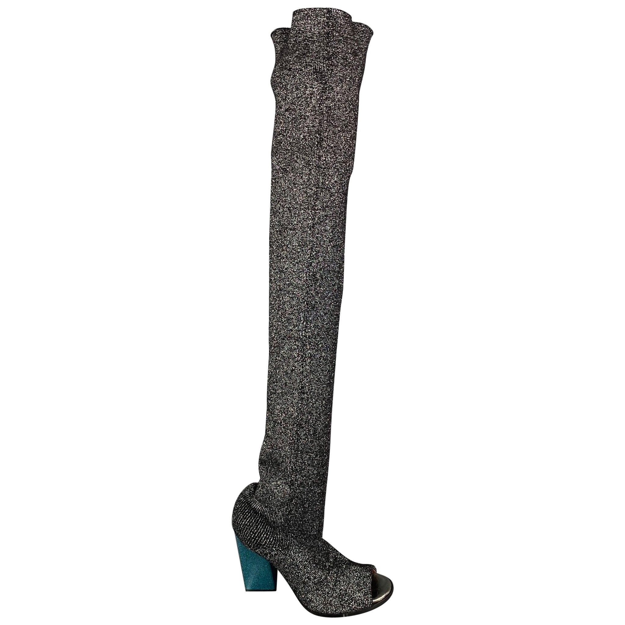 MISSONI Size 7 Black & Silver Lurex Metallic Thigh High Boots For Sale