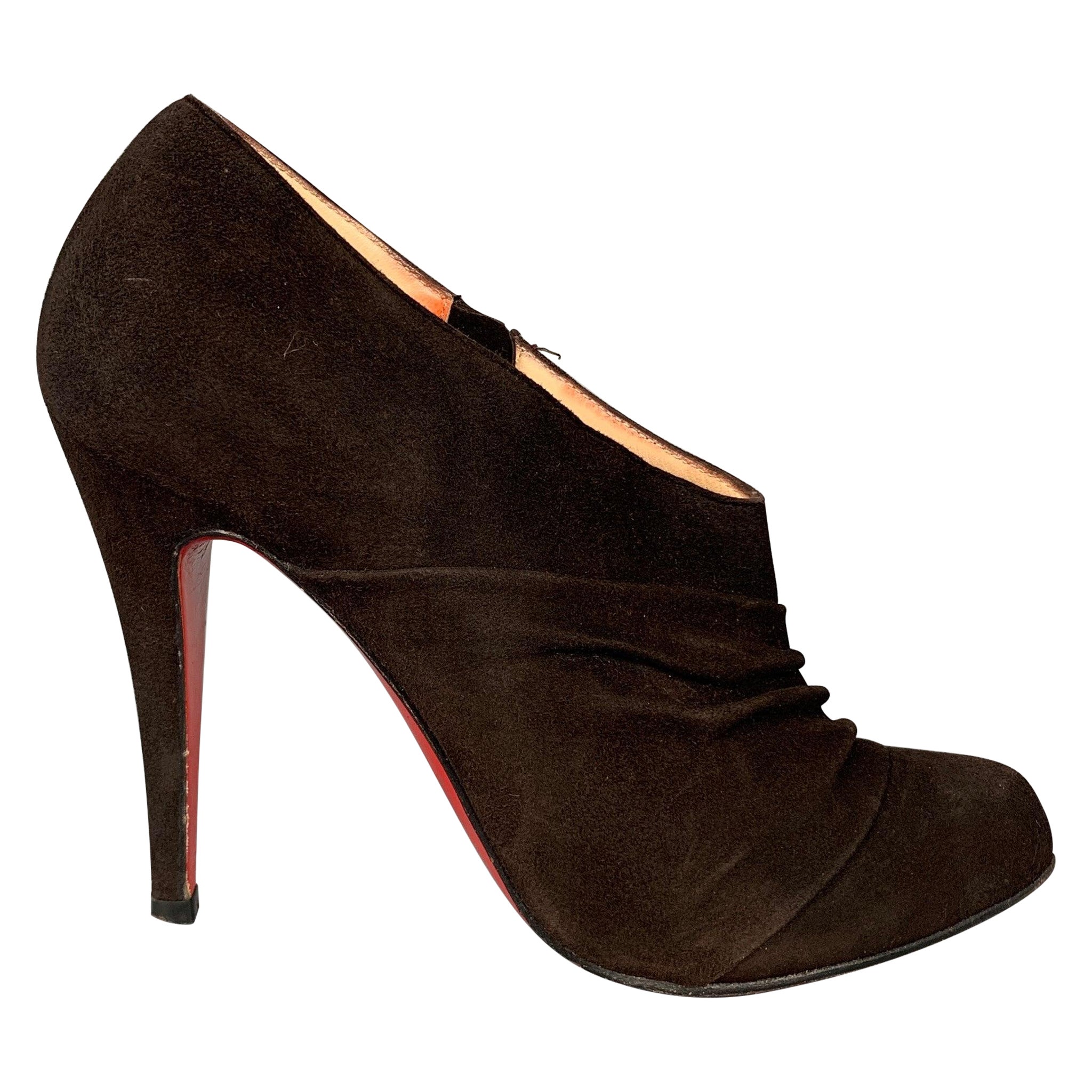 CHRISTIAN LOUBOUTIN Size 7 Dark Brown Suede Ruched Boots For Sale