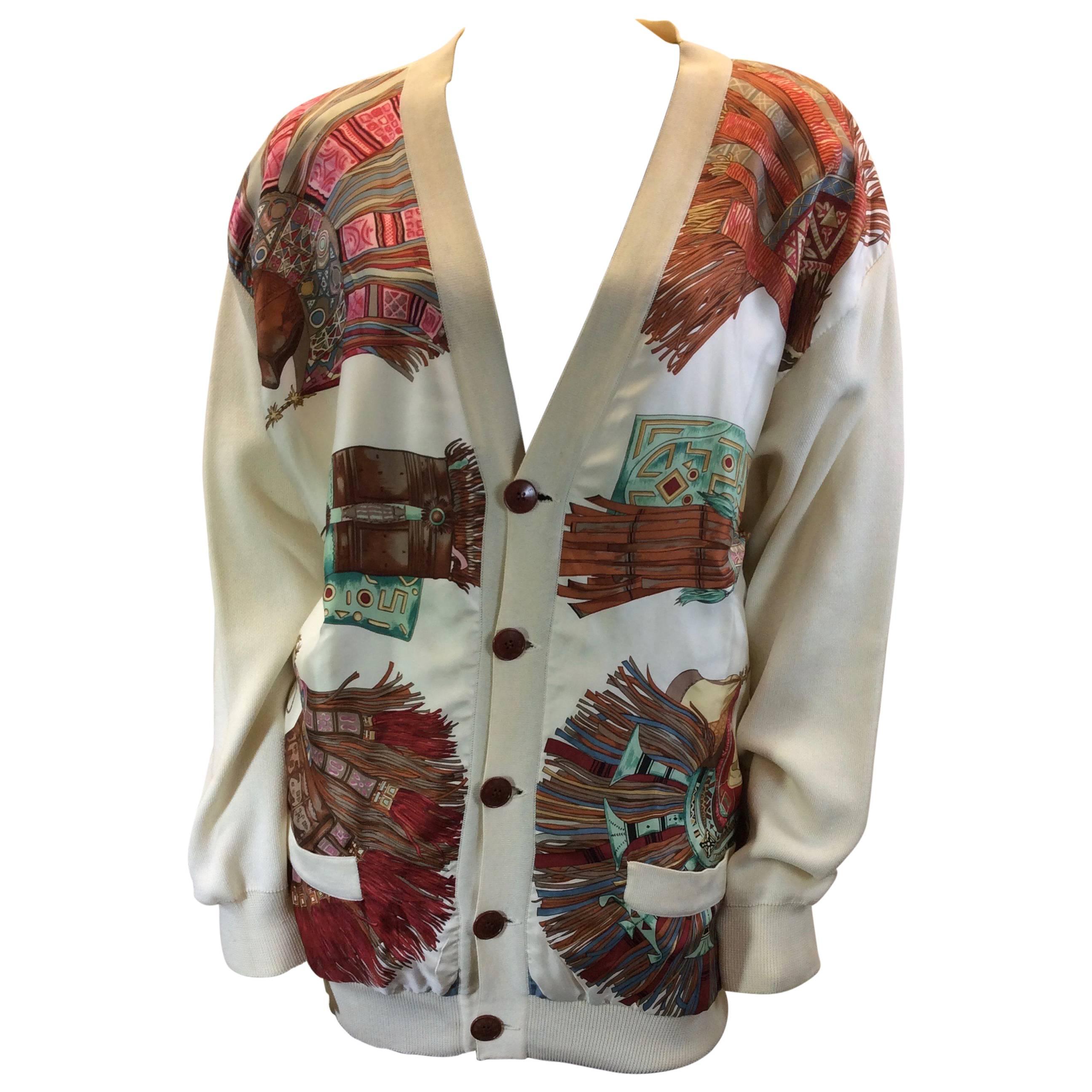 Hermes Vintage White Knit and Silk Print Cardigan For Sale
